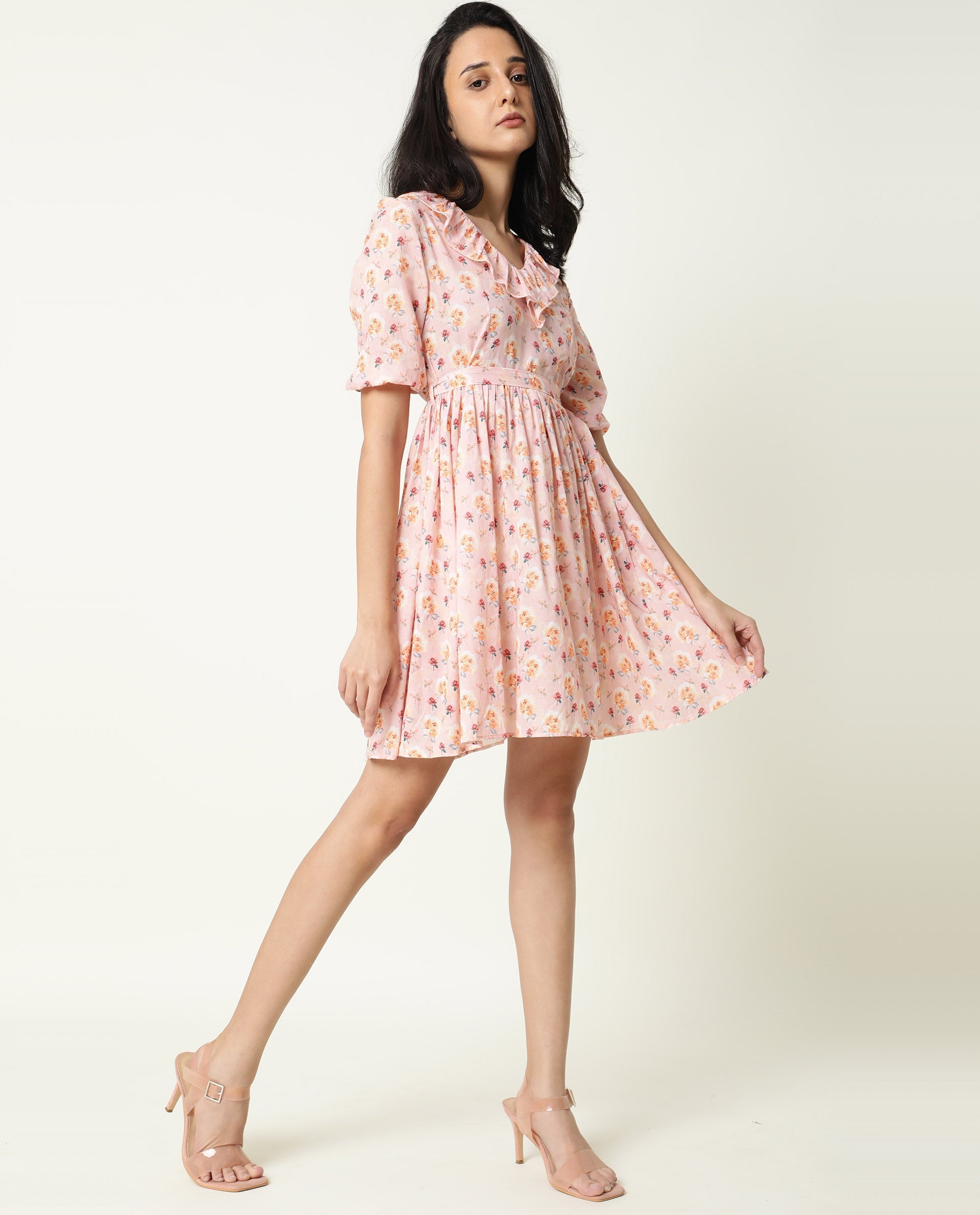 Rareism Women's Verna Pink Cotton V-Neck Floral Print Balloon Sleeve Knee Length Regular Fit Dress