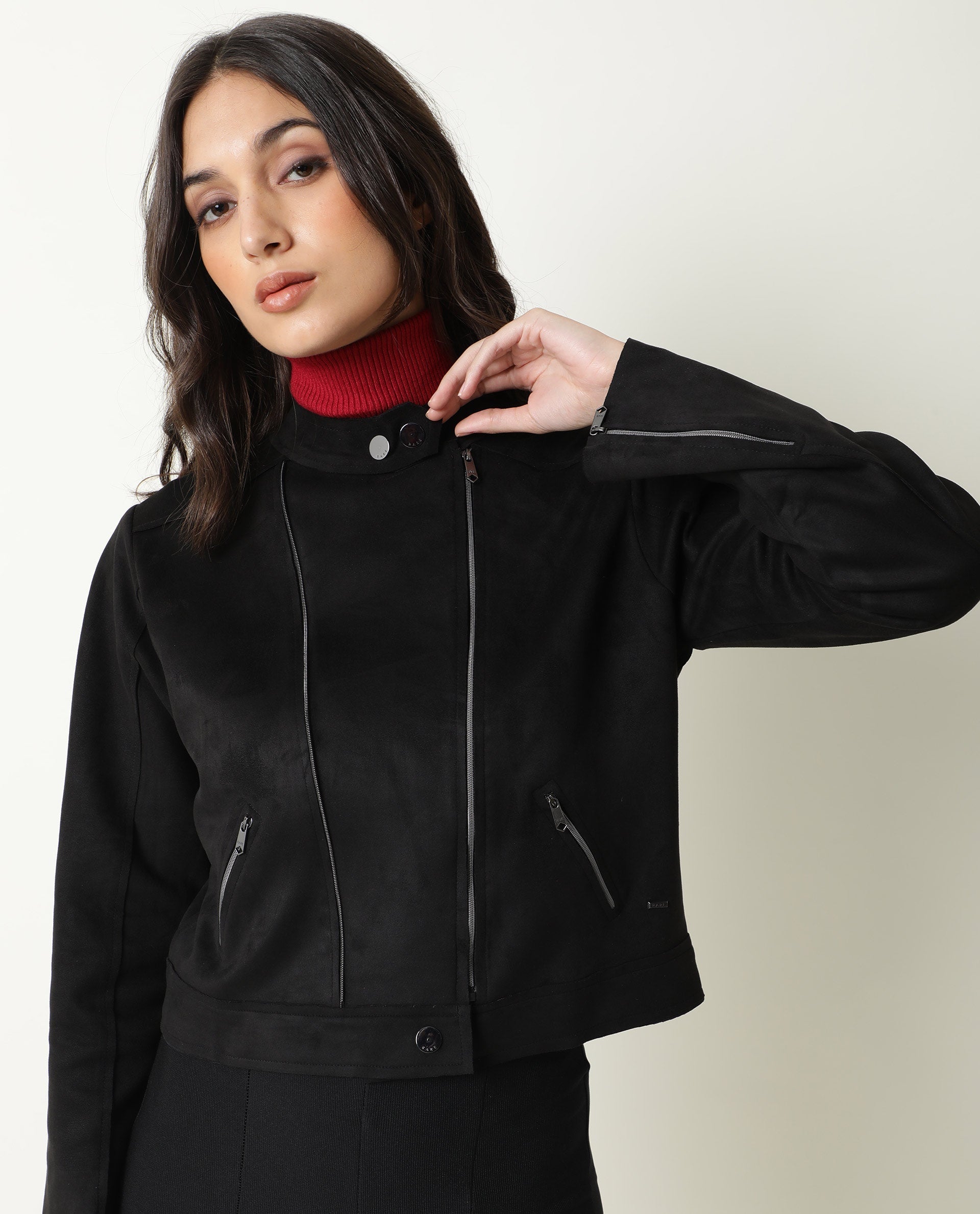 Rareism Women Everlee Black Polyester Fabric Full Sleeves Solid Mandarin Collar Jacket