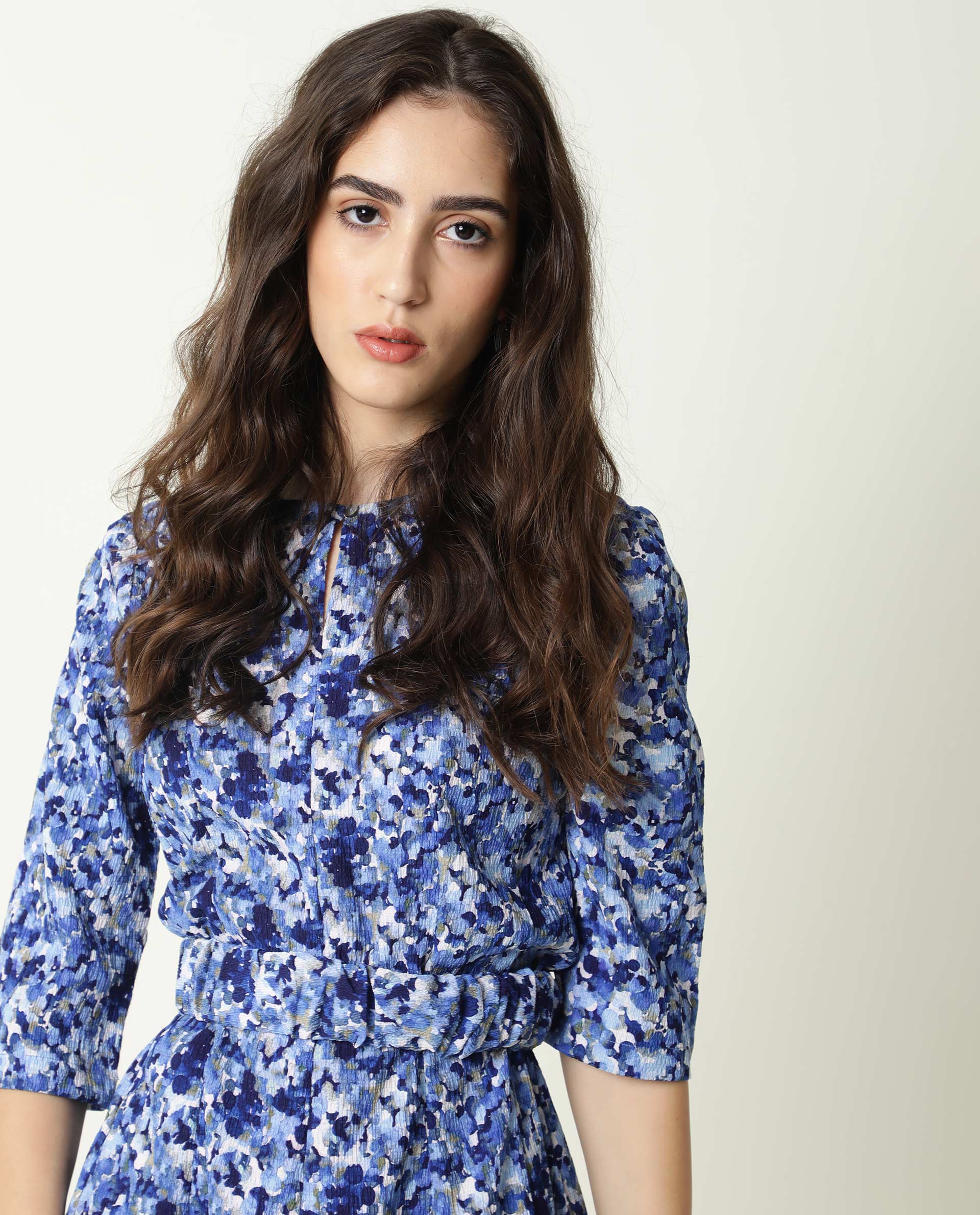 Rareism Womens Maisey Blue Dress Polycoton  Fabric  Half Sleeve Round Neck
