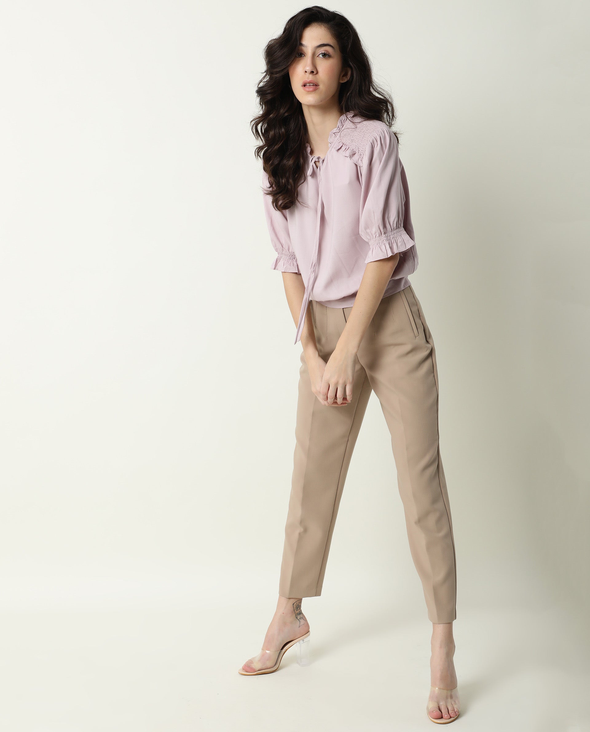 Rareism Womens Jazz Purple Top Viscose Fabric Regular Fit Puff Sleeves Tie Up Neck