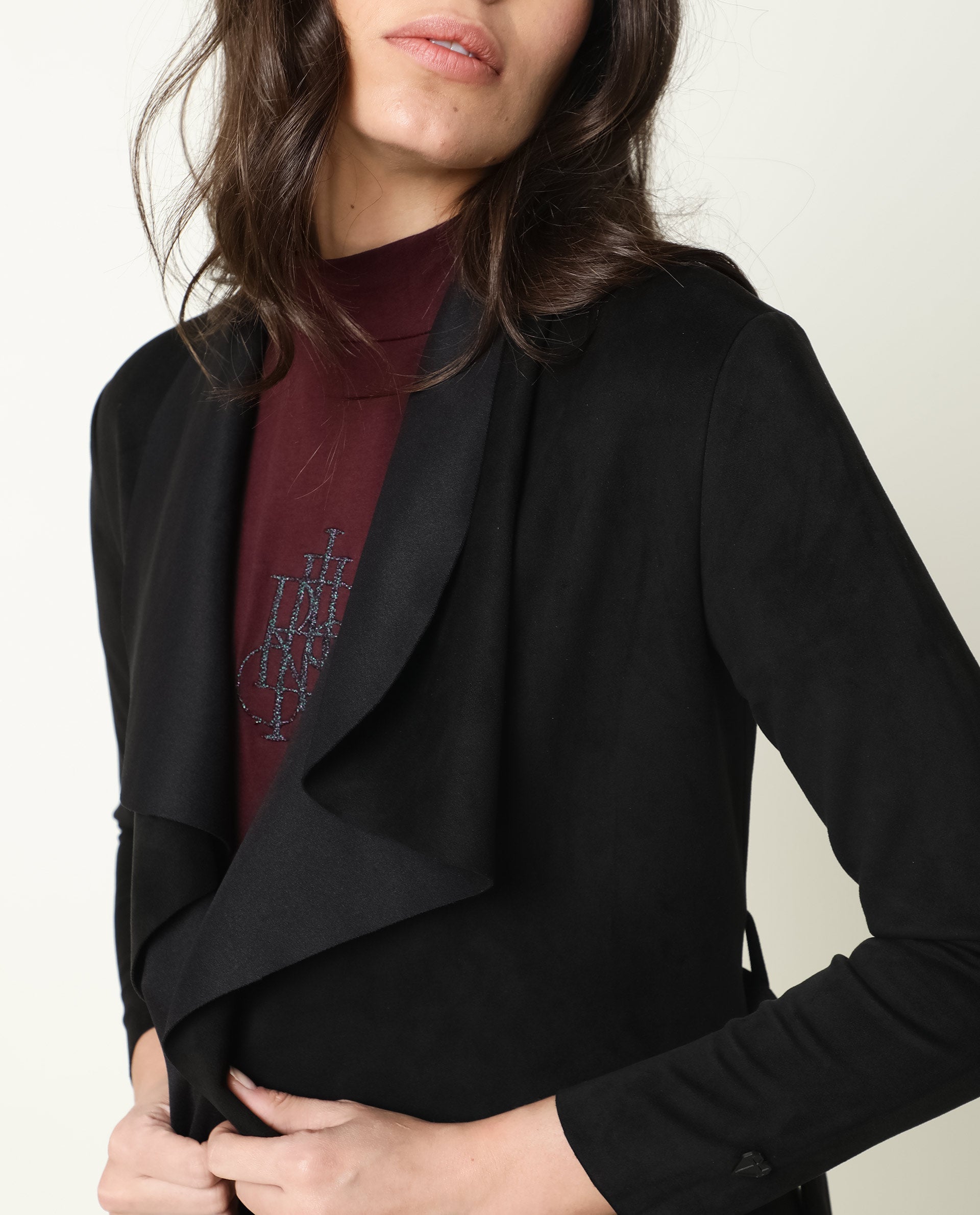 Rareism Women Palmer Black Polyester Fabric Full Sleeves Solid Collarless Jacket