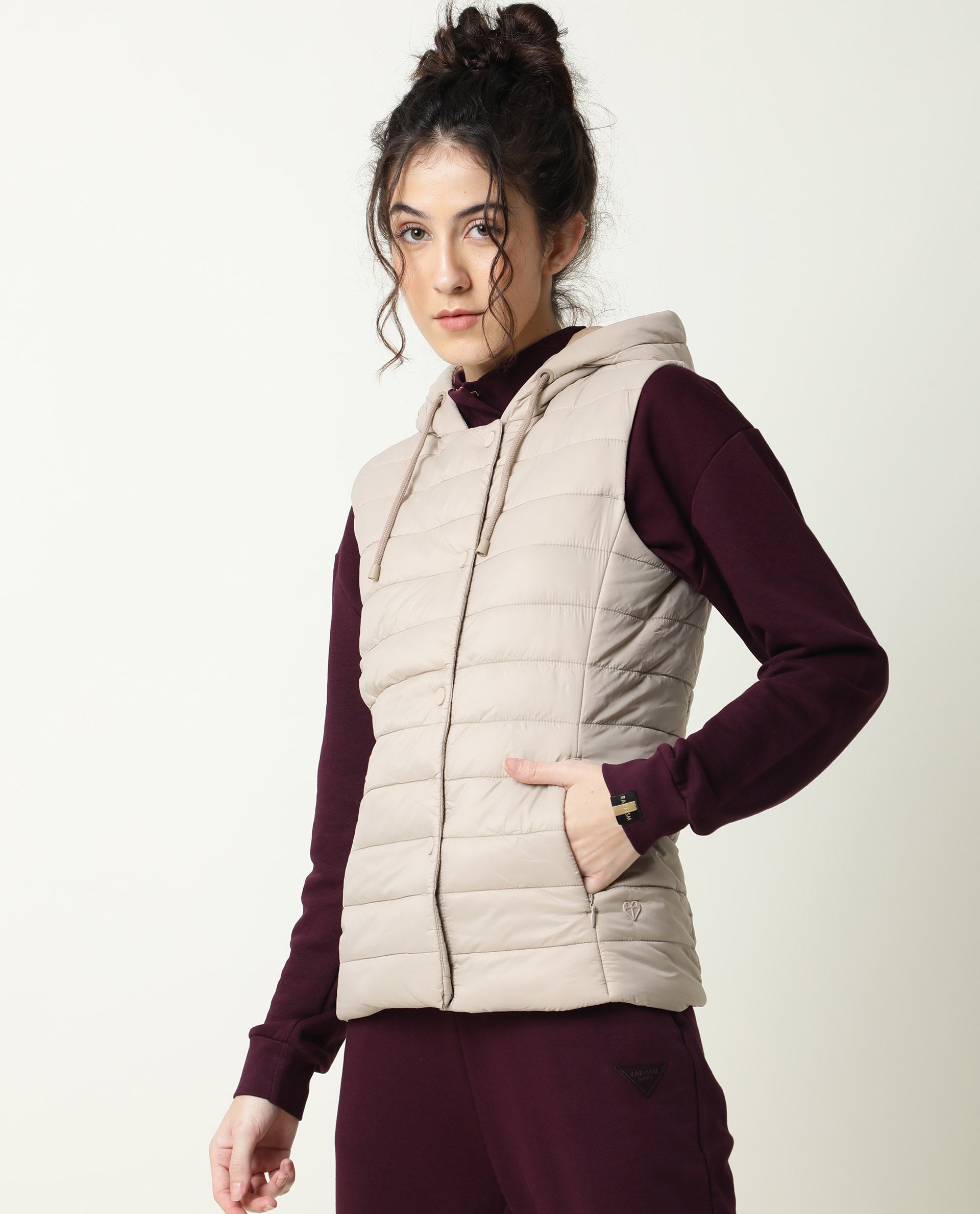 Rareism Women Troop Beige  Sleeveless Solid Hooded Jacket