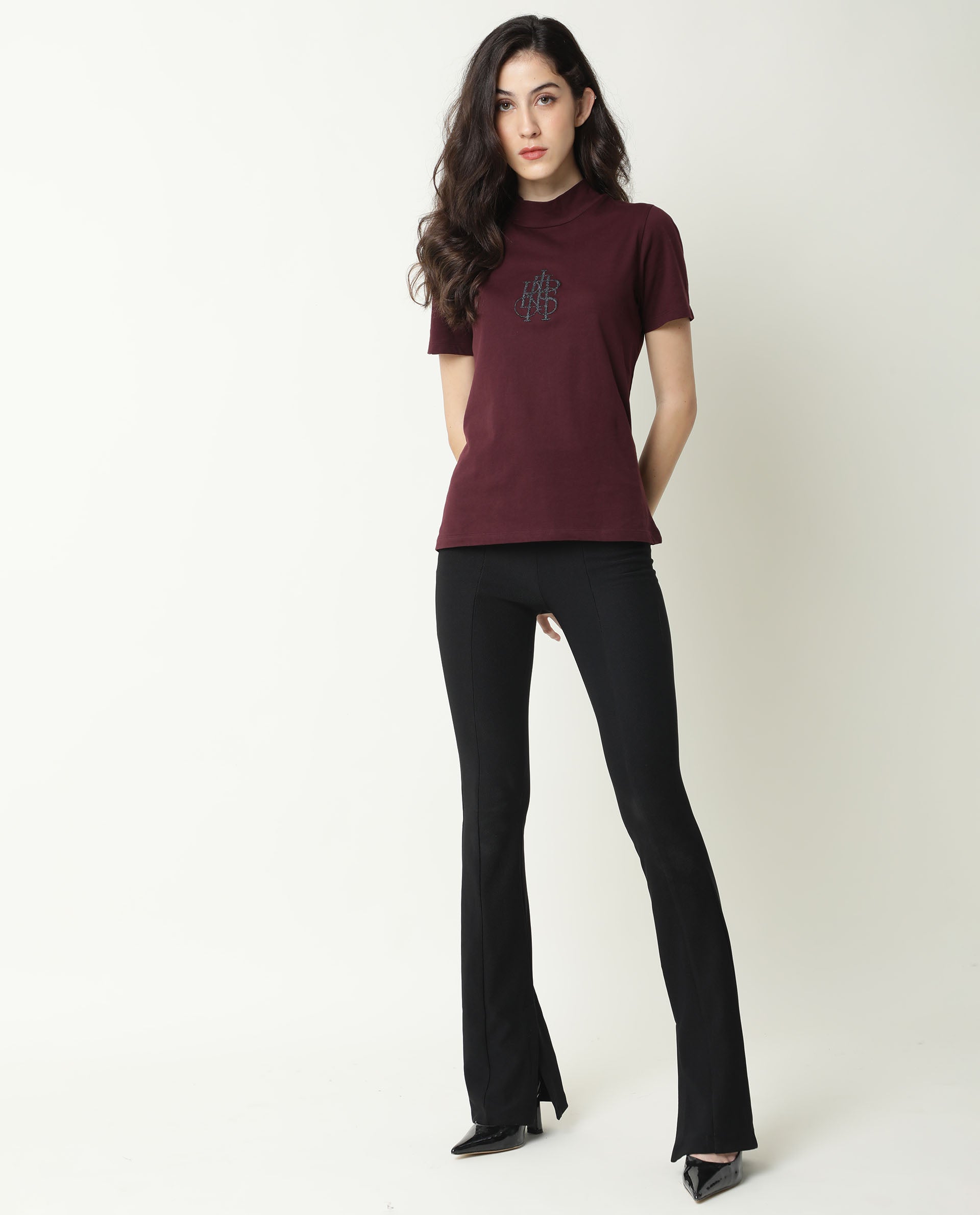 Rareism Women Zolten Maroon Cotton Fabric Regular Fit Half Sleeves Solid Crew Neck T-Shirt