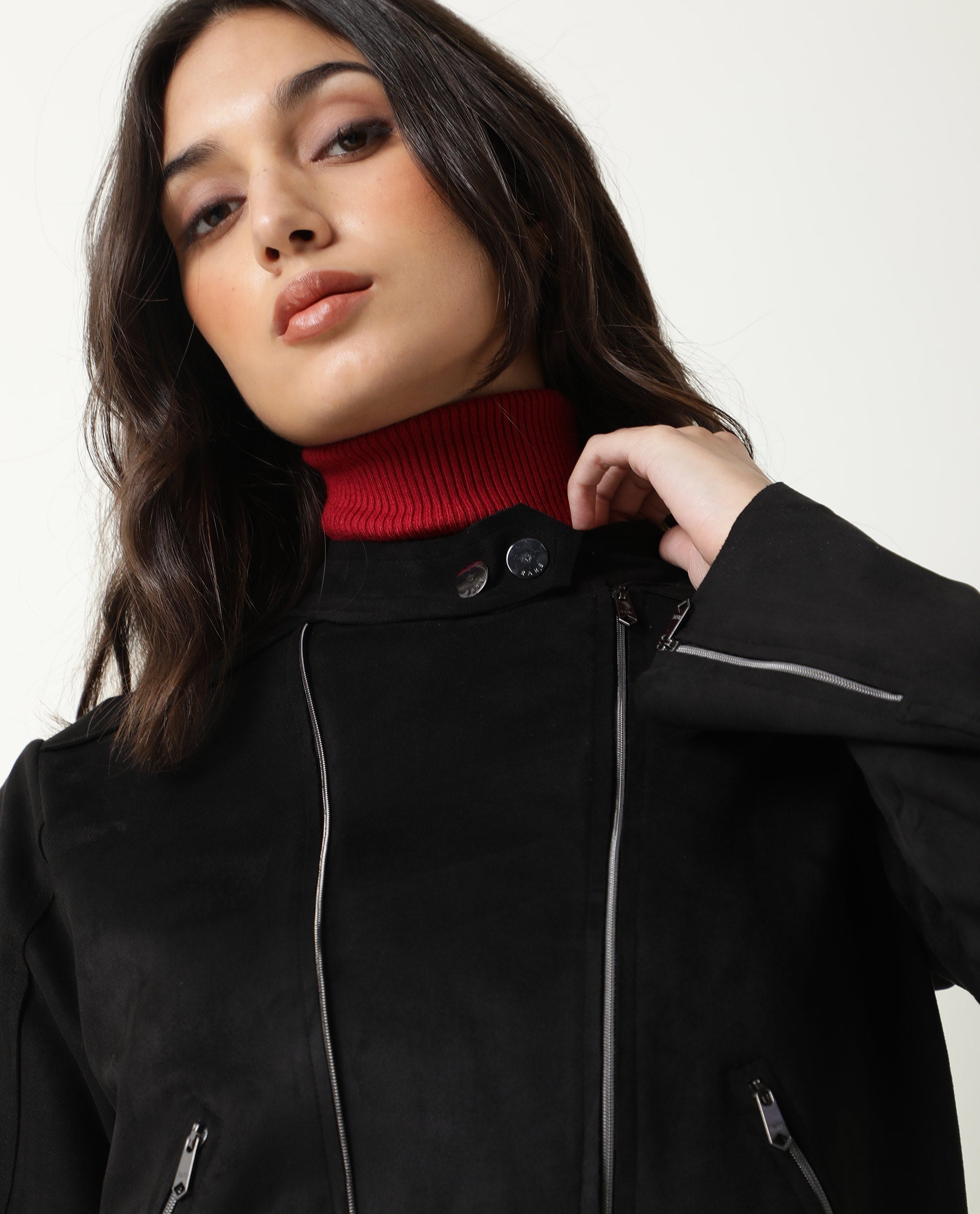 Rareism Women Everlee Black Polyester Fabric Full Sleeves Solid Mandarin Collar Jacket