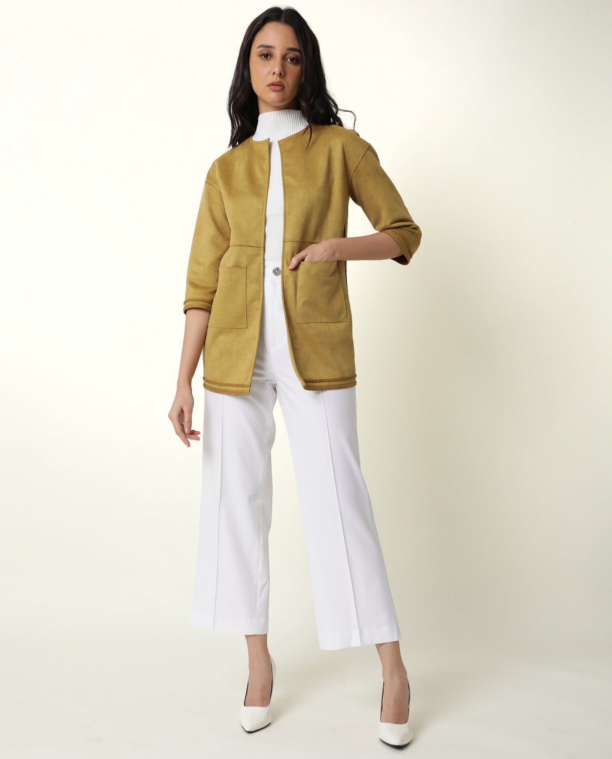 Rareism Women Square Dark Yellow Polyester Fabric 3/4Th Sleeves Solid Boat Neck Jacket