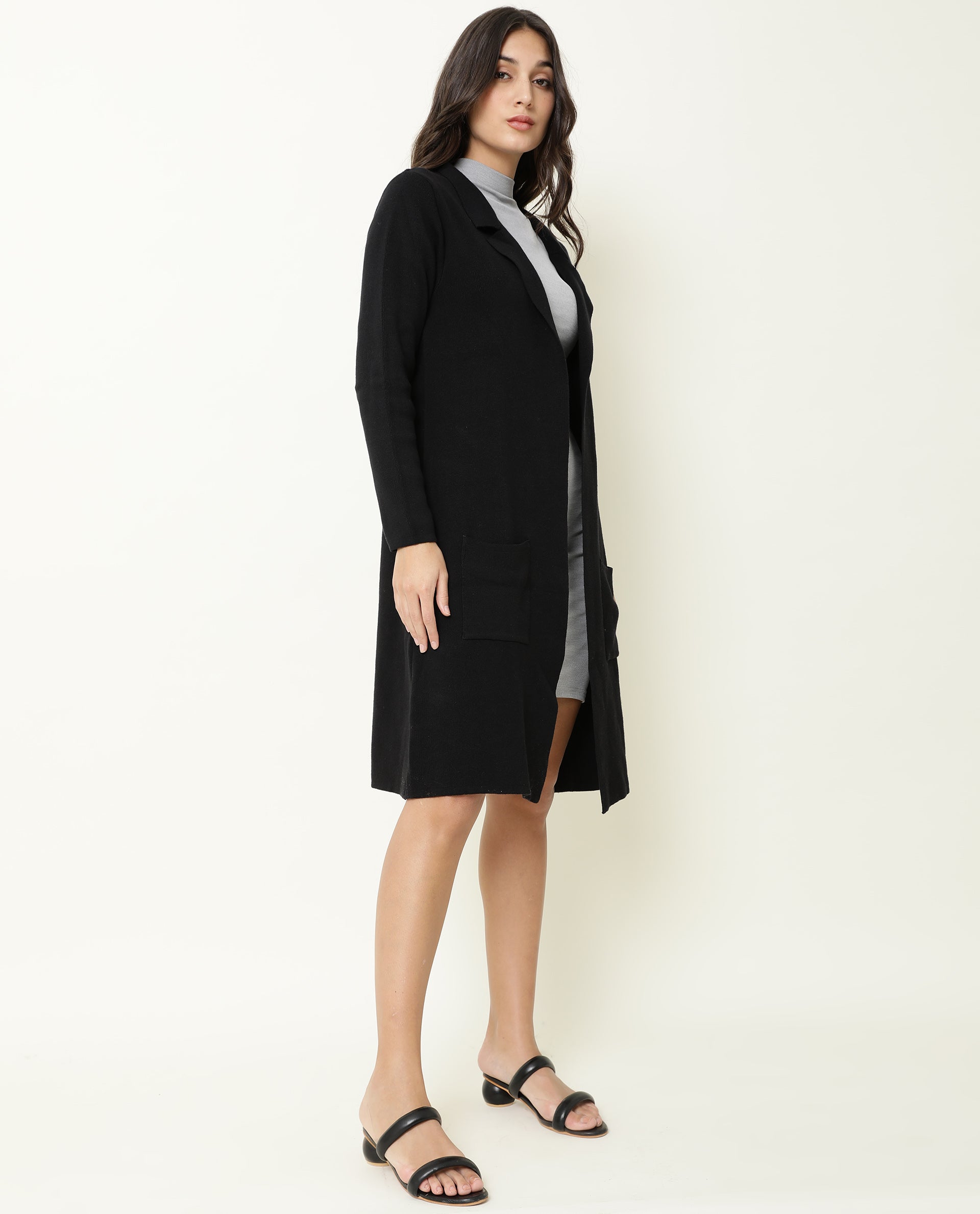 Rareism Women Trident Black Cotton Fabric Full Sleeves Knee Length Regular Fit Solid Lapel Neck Sweater