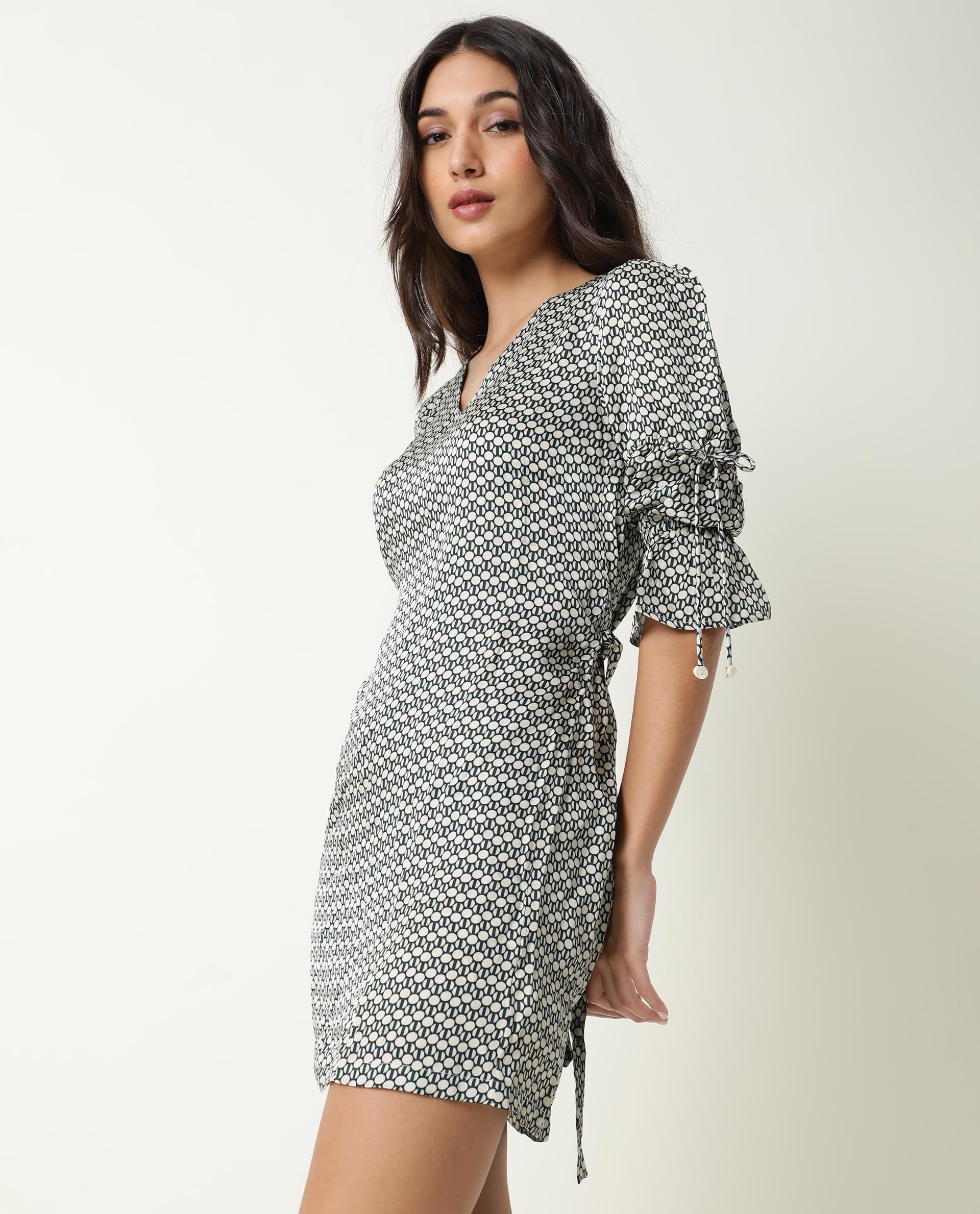 Rareism Women's Cecilia Beige V-Neck Geometric Print Knee Length Regular Fit Dress