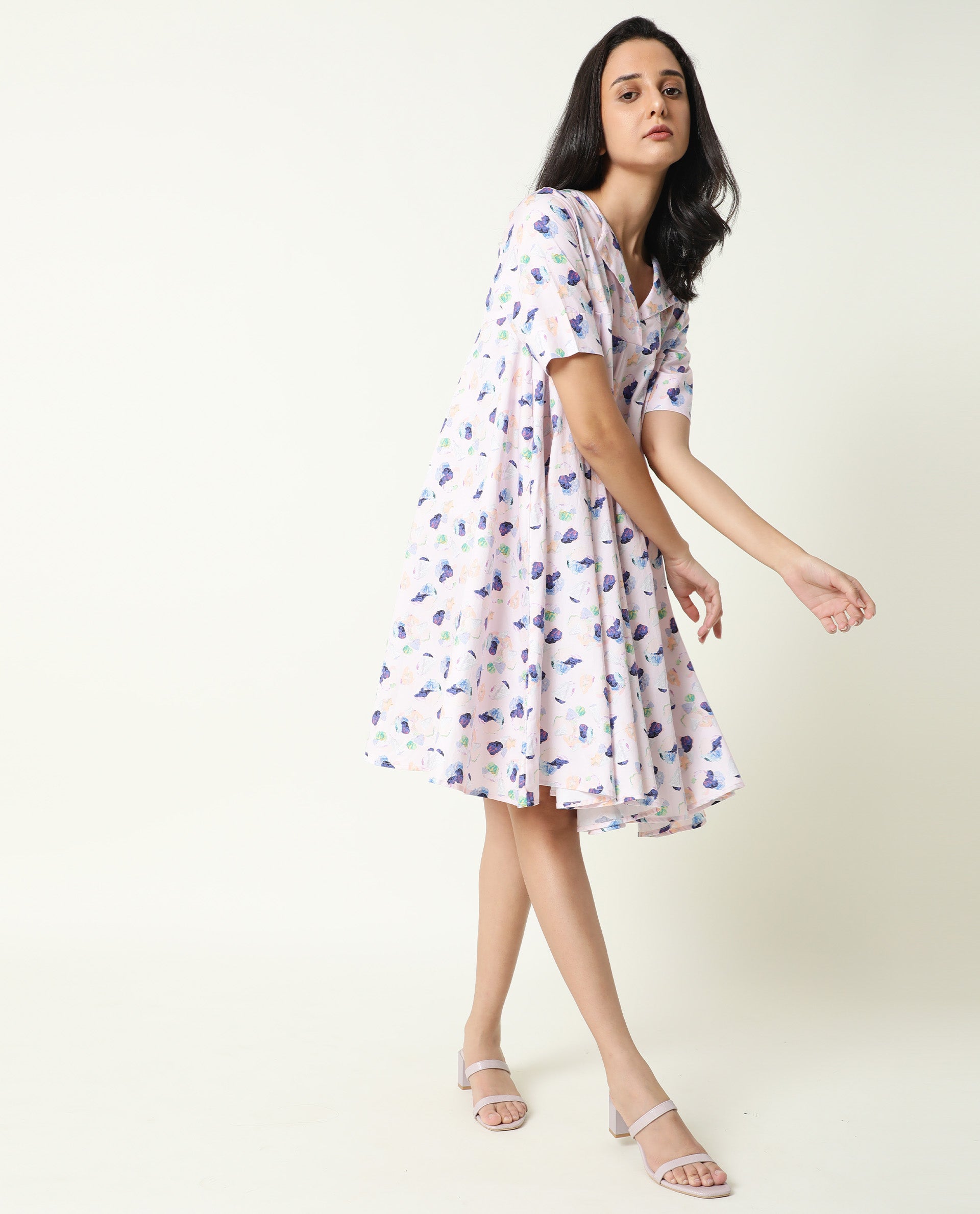 Rareism Women's Allia Pink Lapel Neck Floral Print Knee Length Regular Fit Dress