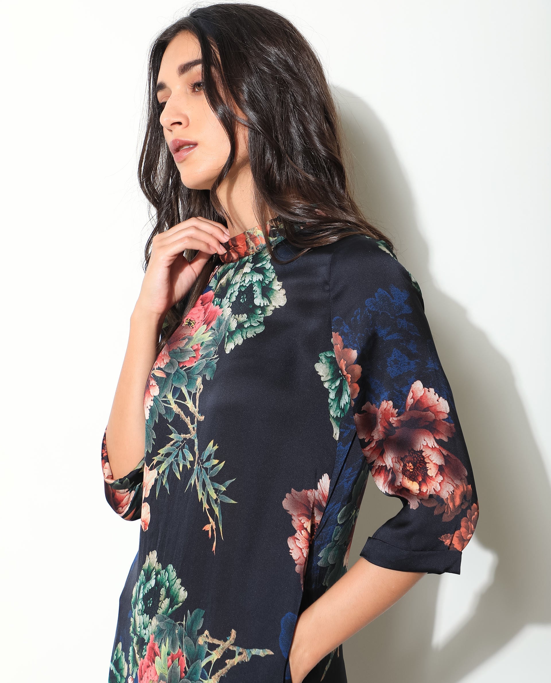 Rareism Women Astilbe Black Floral Print High Neck 3/4 Sleeves Asymmetric Knee Length Dress
