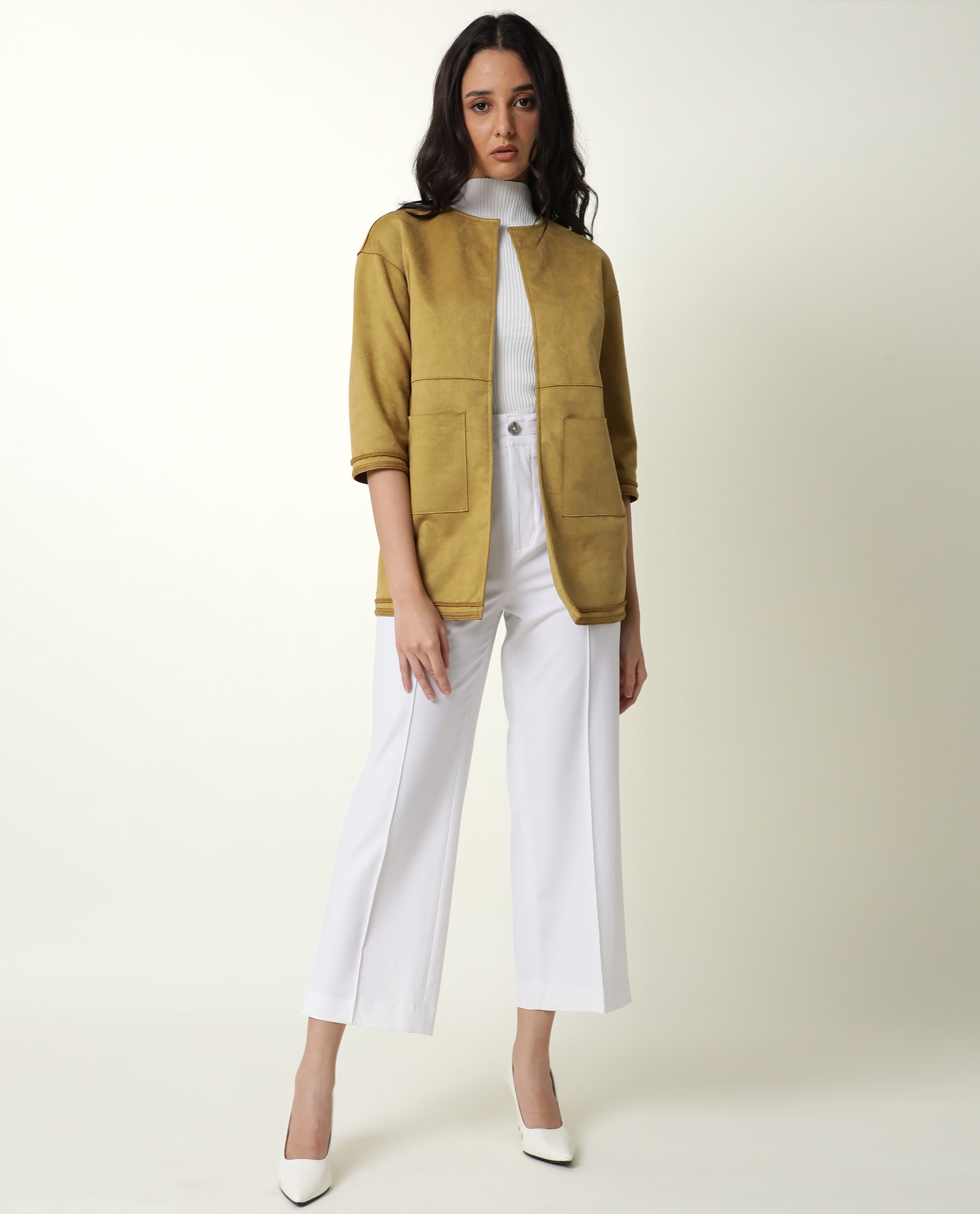 Rareism Women's Square Yellow Polyester Boat Neck Plain Regular Fit Jacket