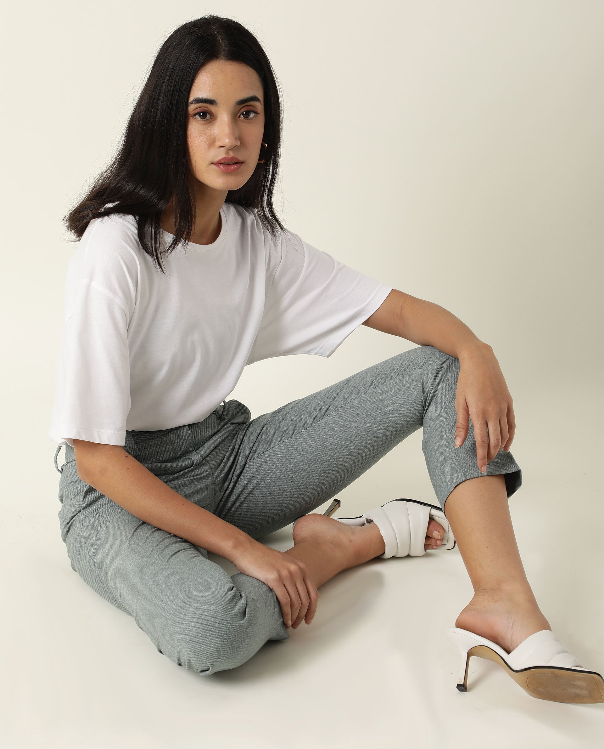 Rareism Women Ophilia Green Trousers Cotton Poly Fabric Full Sleeves Button Closure Solid