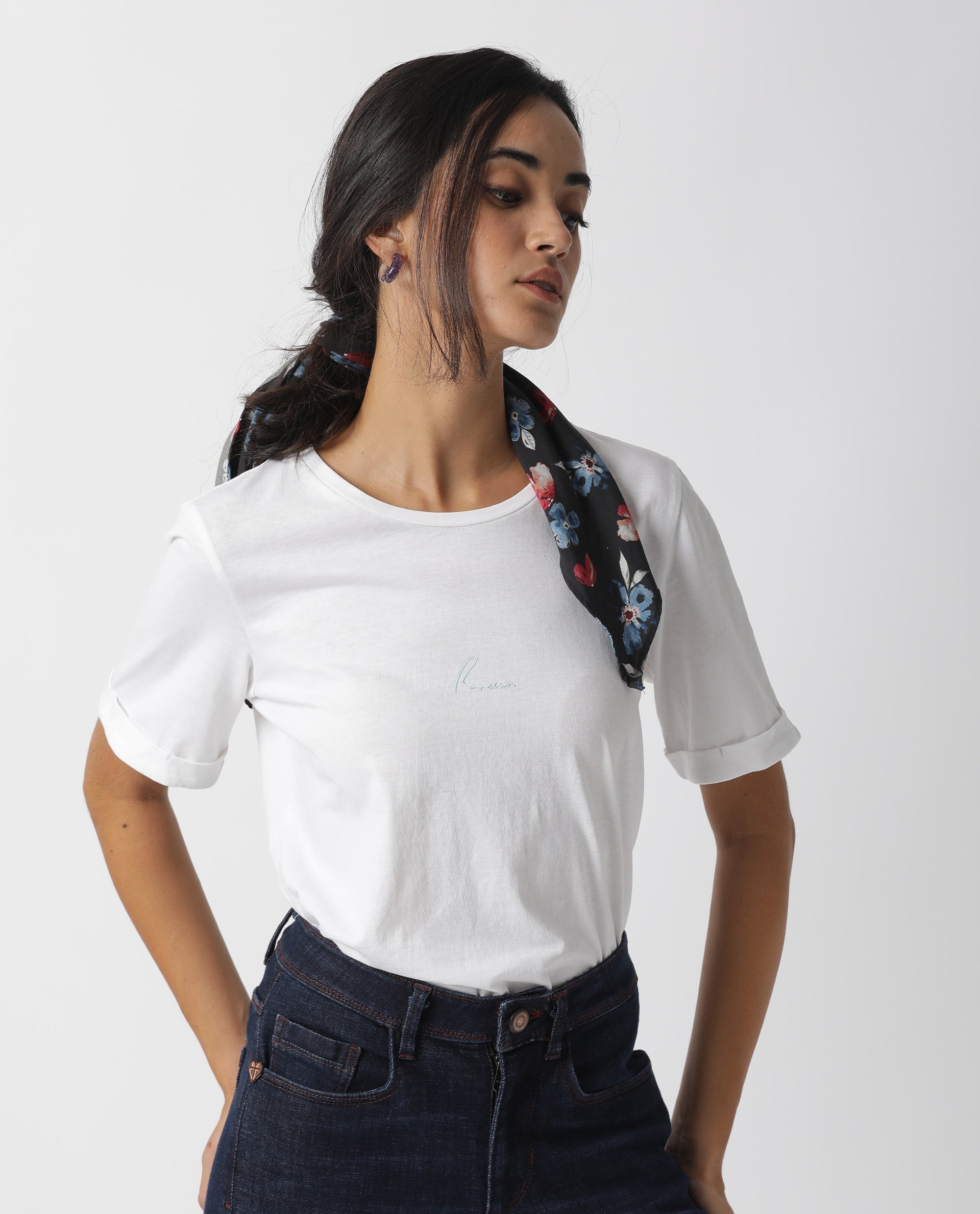 Rareism Women Nova Tee 2 White Cotton Blend Fabric Regular Fit Half Sleeves Solid Crew Neck T-Shirt