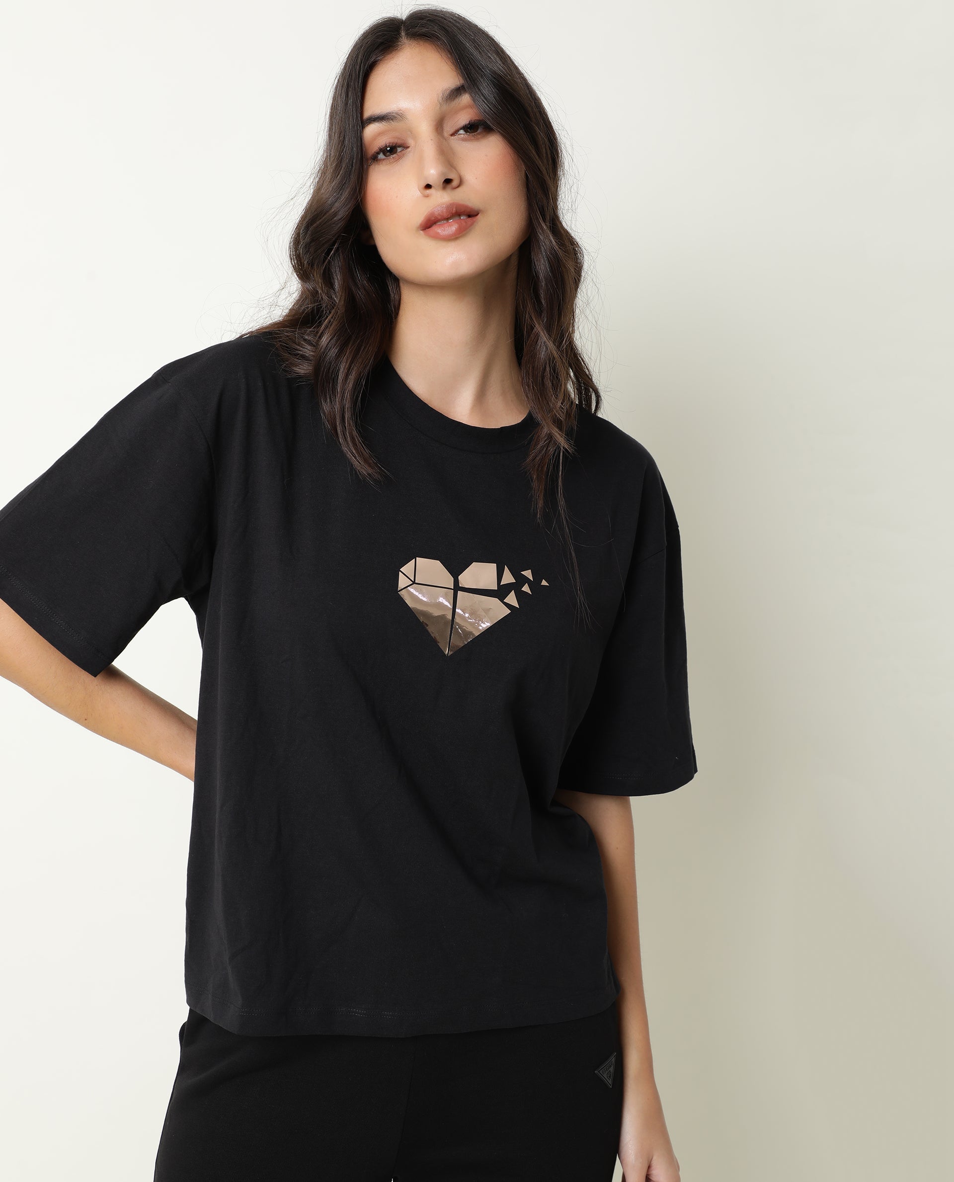 Rareism Womens Nat Black T-Shirt Cotton Fabric Regular Fit Half Sleeve Round Neck