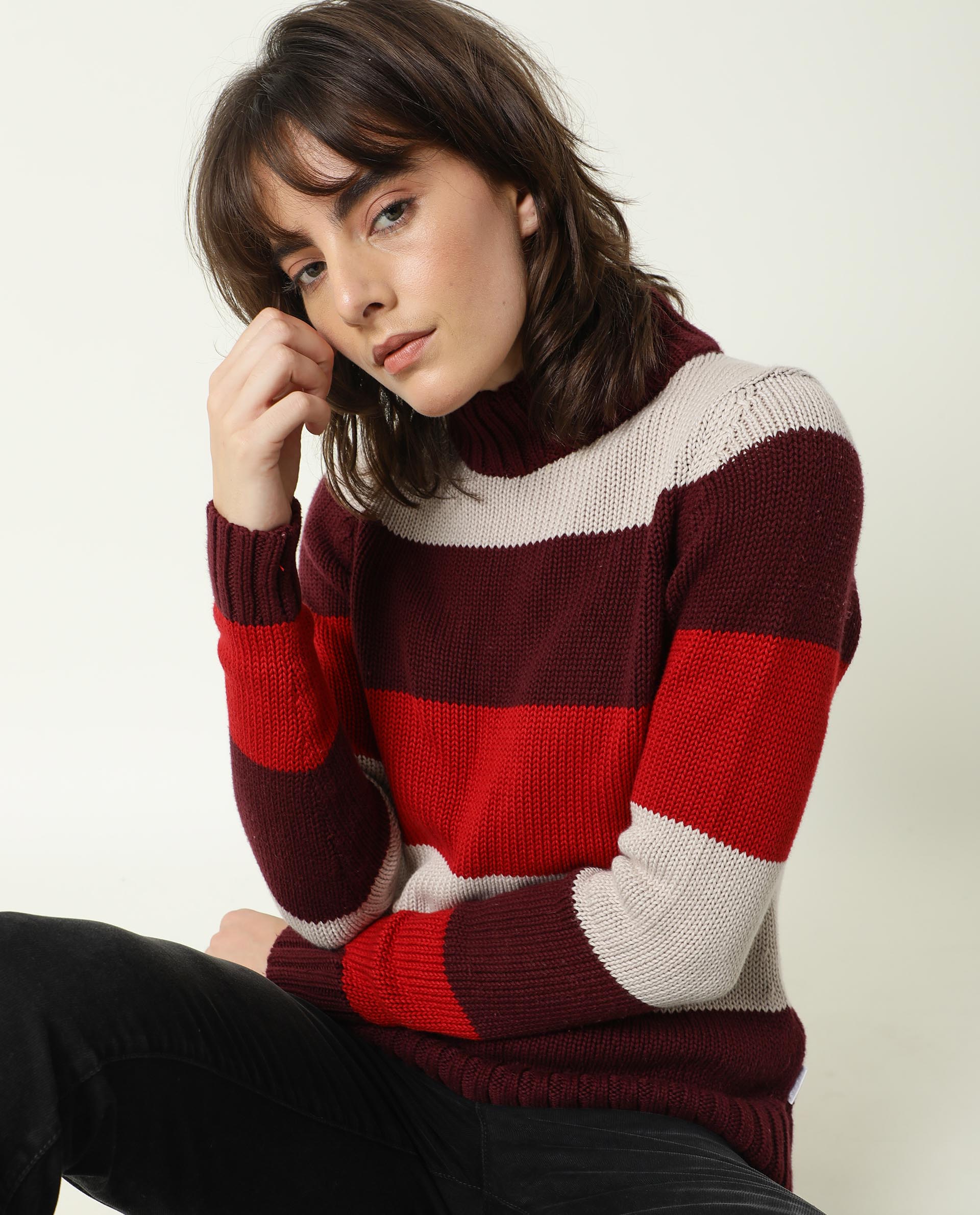 Rareism Women Tony Maroon  Full Sleeves Regular Fit Color Blocked Turtle Neck Sweater