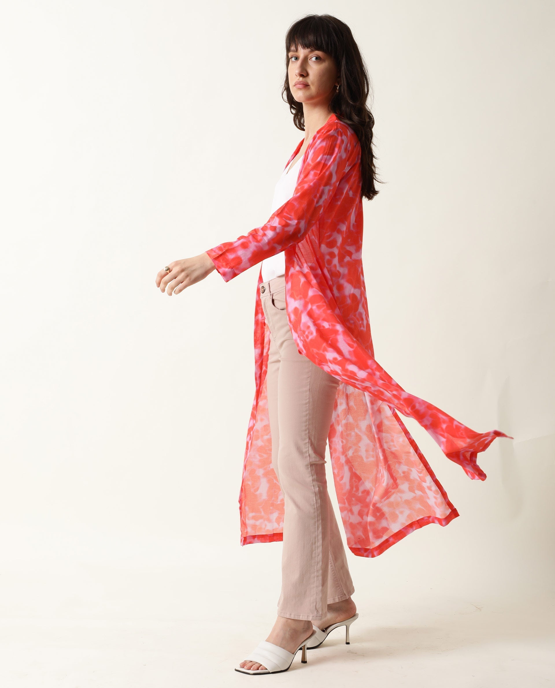 Rareism Women Lays Dark Red Cotton Fabric Regular Fit Abstract Print Collarless Outer Wear