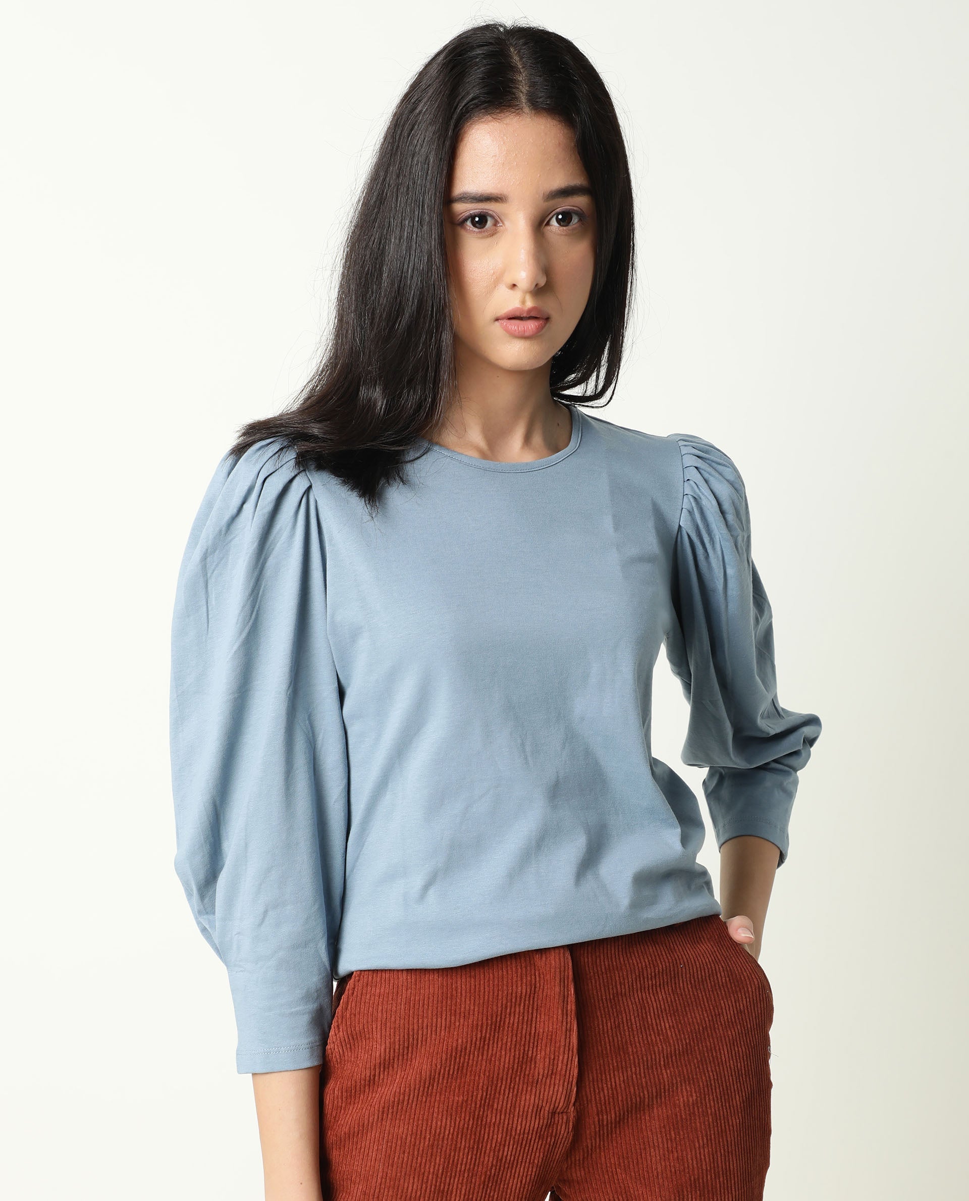 Rareism Women Ballerina Blue Cotton Fabric Regular Fit Knee Length Boat Neck 3/4Th Sleeves Solid Top