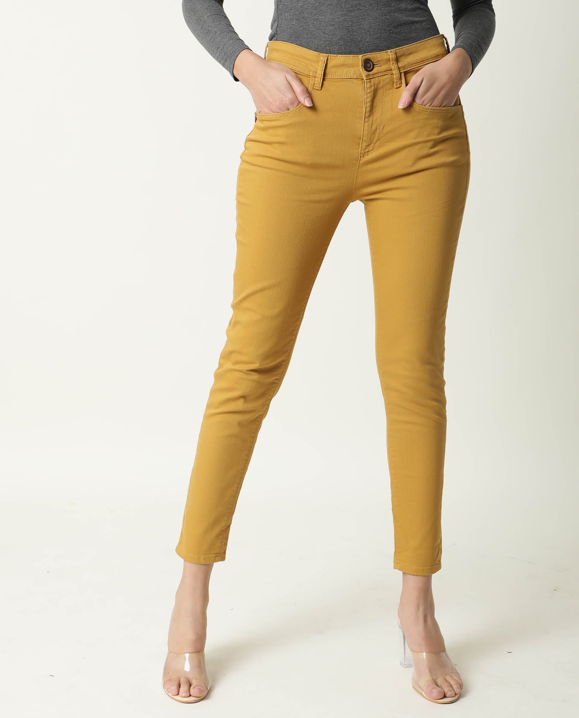Rareism Women Metty Mustard Cotton Lycra Fabric Mid Rise Solid Slim Fit Ankle Length Jeans