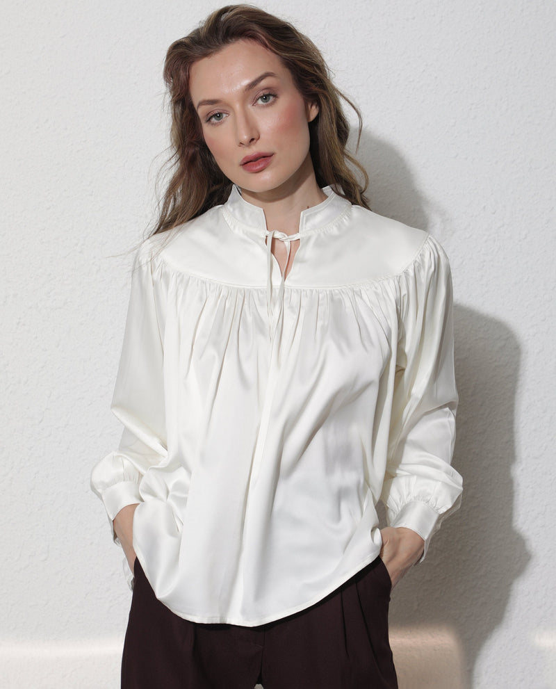 Rareism Women Tia White Polyester Fabric Full Sleeves Tie-Up Closure Mandarin Collar Volume Sleeve Relaxed Fit Plain Top