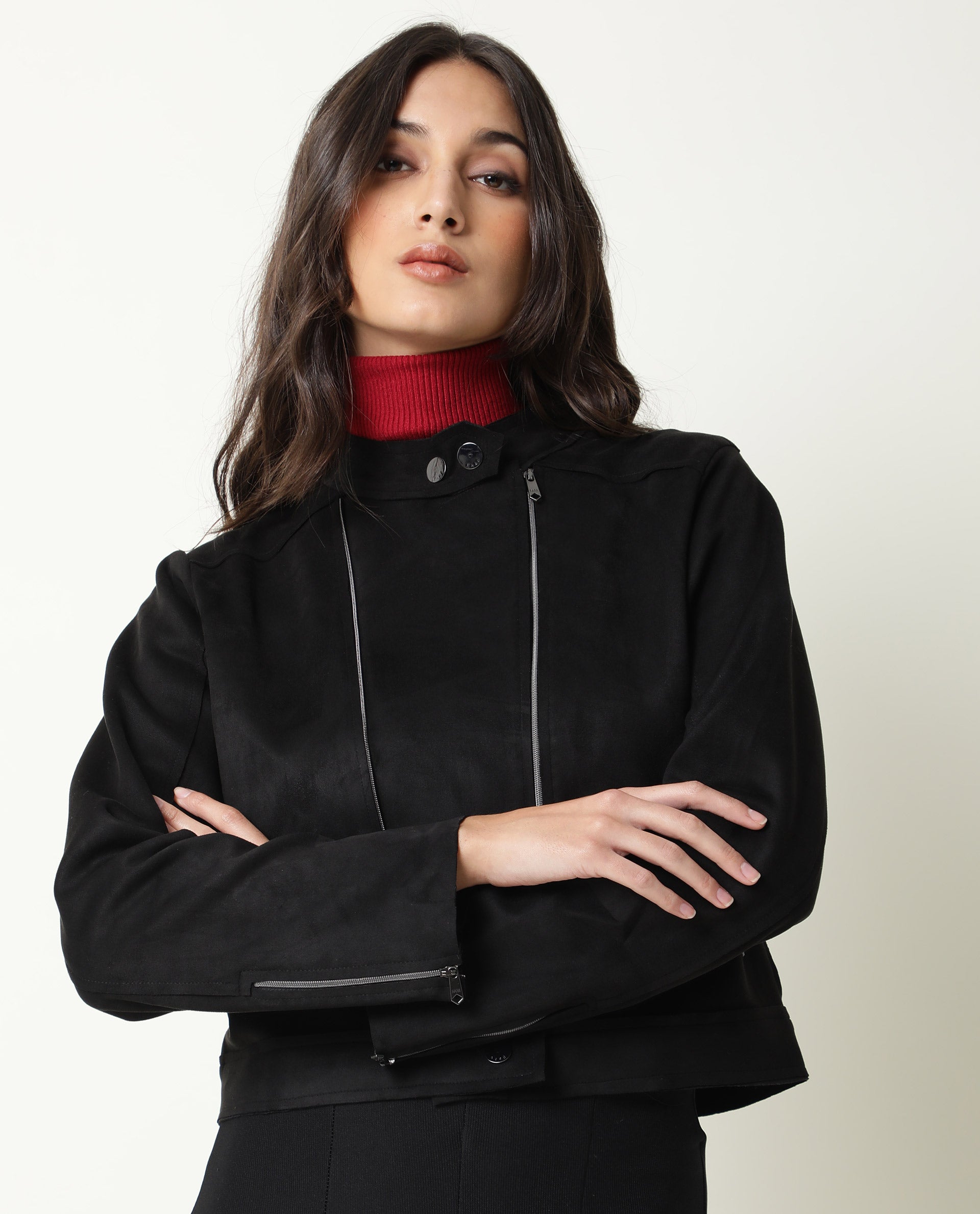 Rareism Women Everlee Black Polyester Fabric Full Sleeves Solid Mandarin Collar Jacket