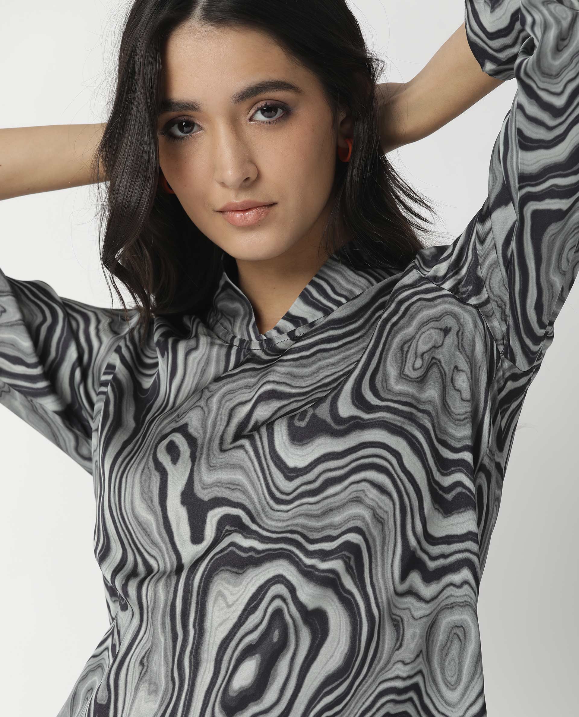 Rareism Womens Camp Black Top Modal Satin Fabric Regular Fit Cuffed Sleeve Mandarin Neck