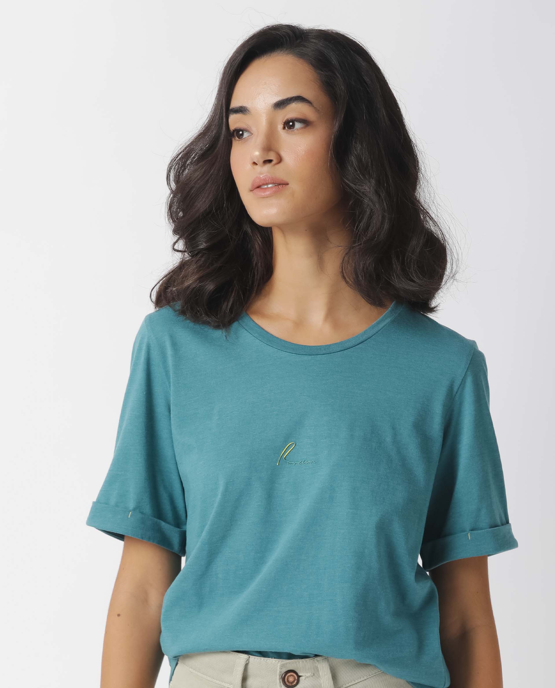 Rareism Women Nova Tee 2 Green Cotton Blend Fabric Regular Fit Half Sleeves Solid Crew Neck T-Shirt