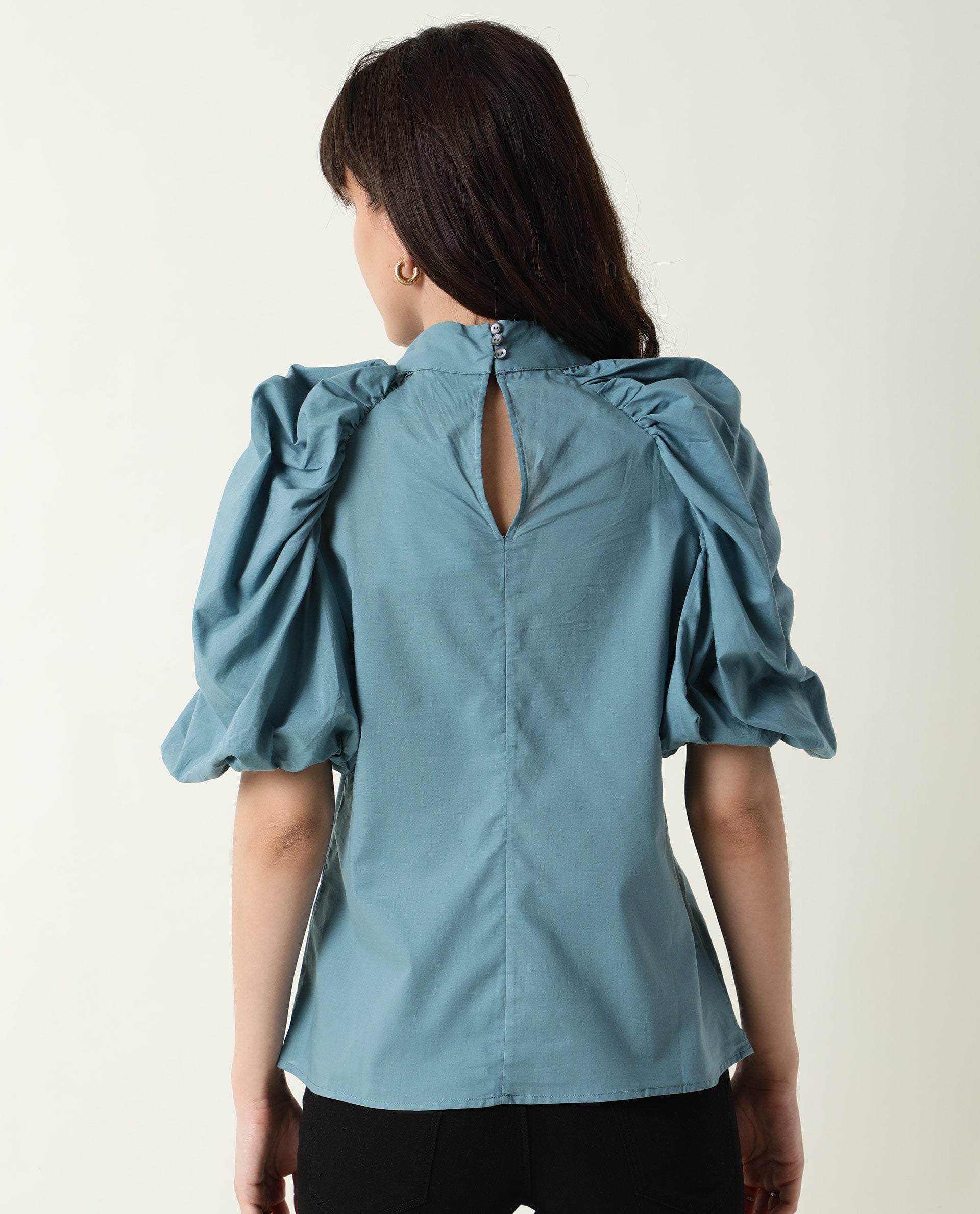 Rareism Womens Bobby Blue Top Cotton Fabric Half Sleeve High Neck