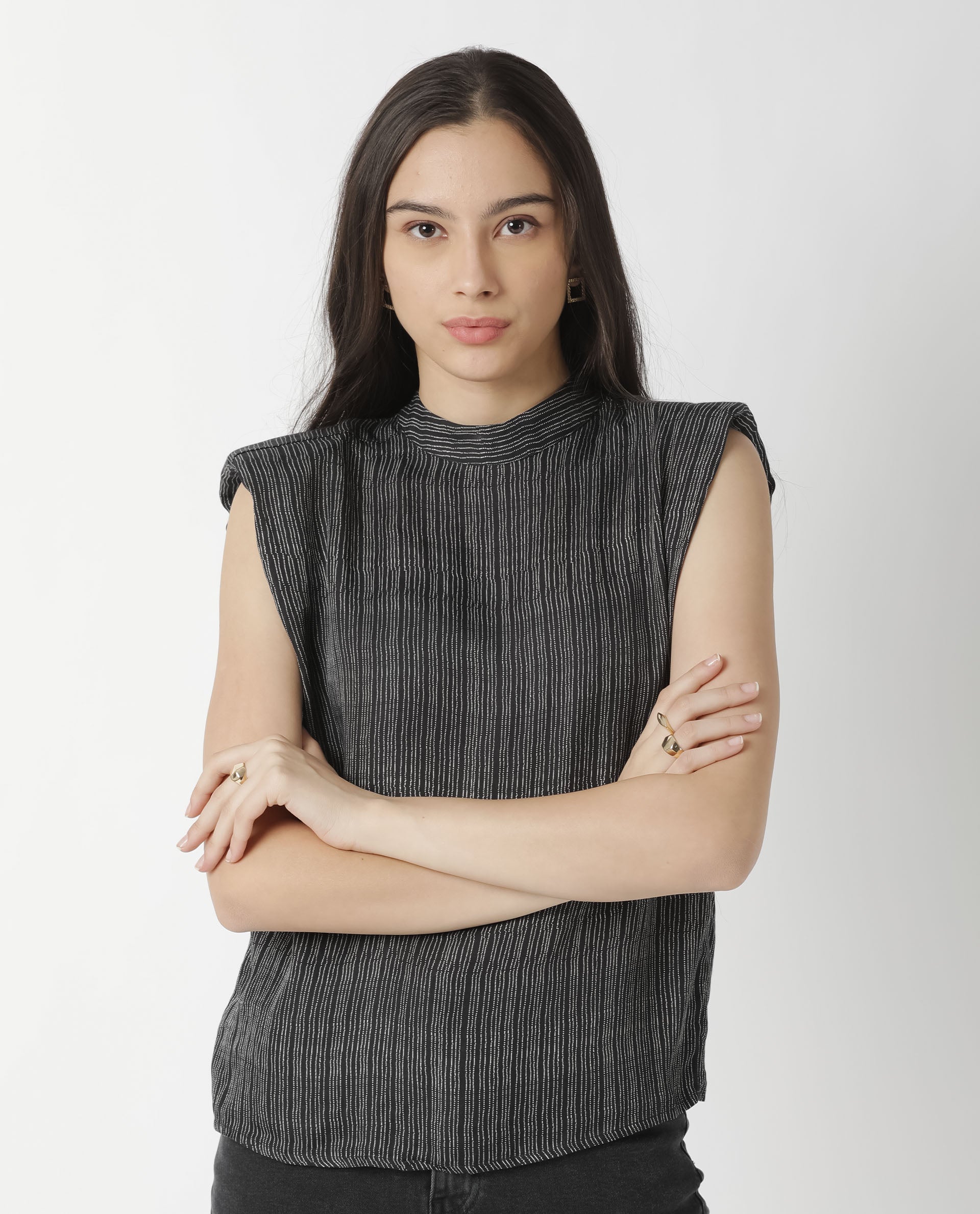 Rareism Women Yella Black Top Sleeveless Printed
