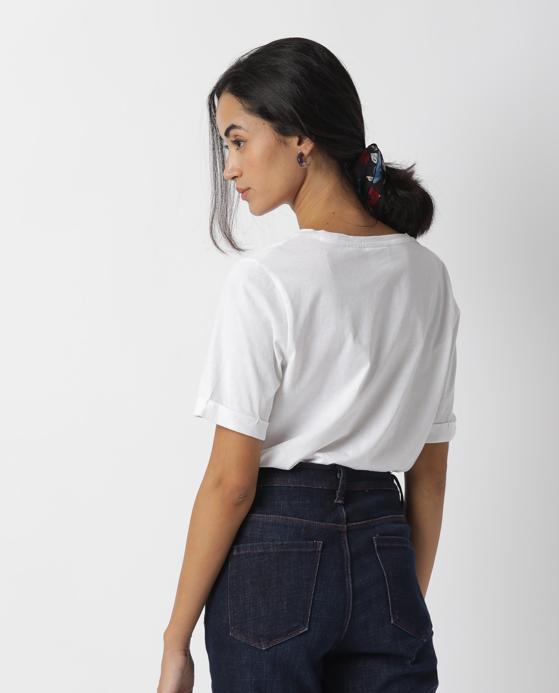 Rareism Women Nova Tee 2 White Cotton Blend Fabric Regular Fit Half Sleeves Solid Crew Neck T-Shirt