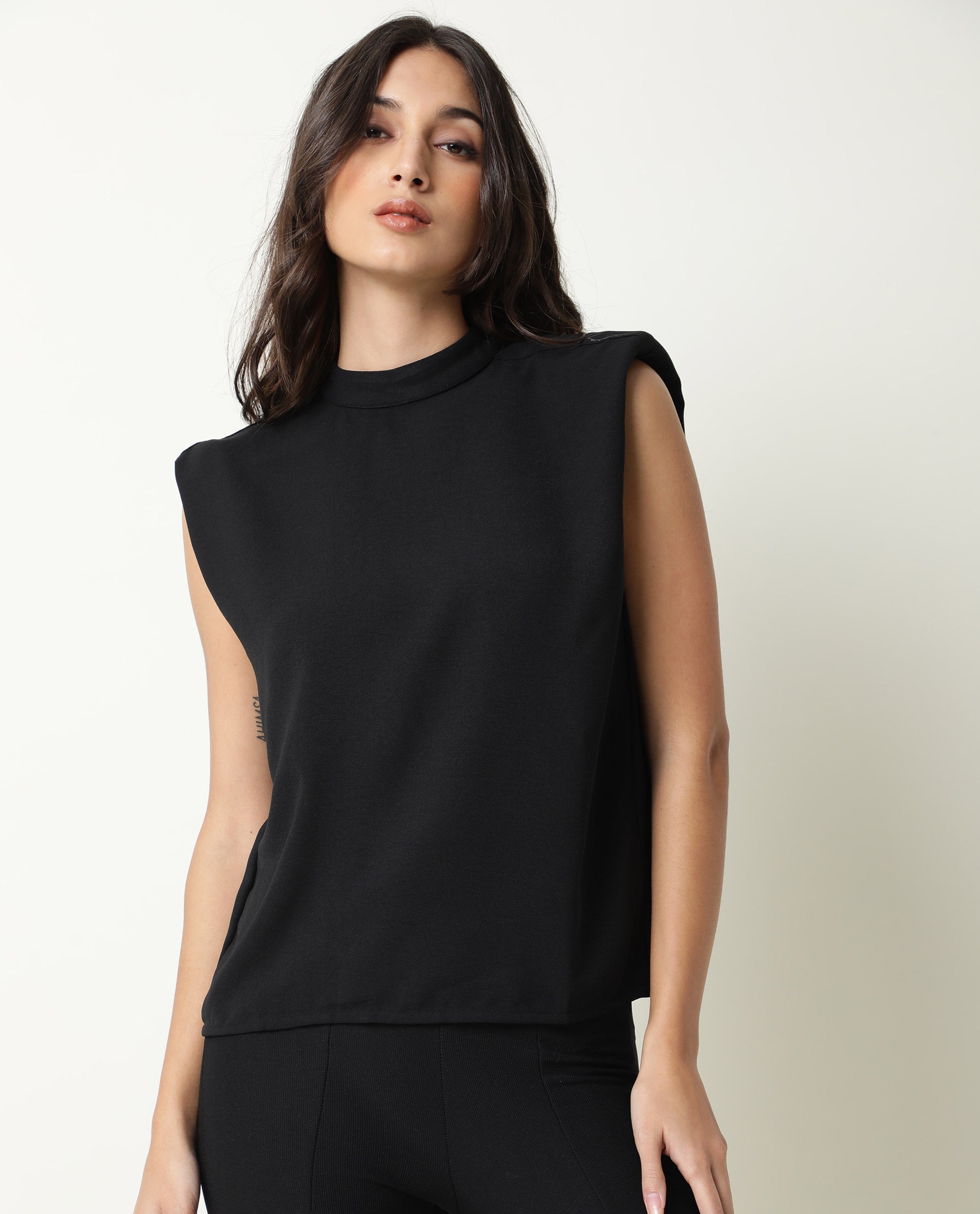 Rareism Womens Edit Black Top Sleeveless Round Neck