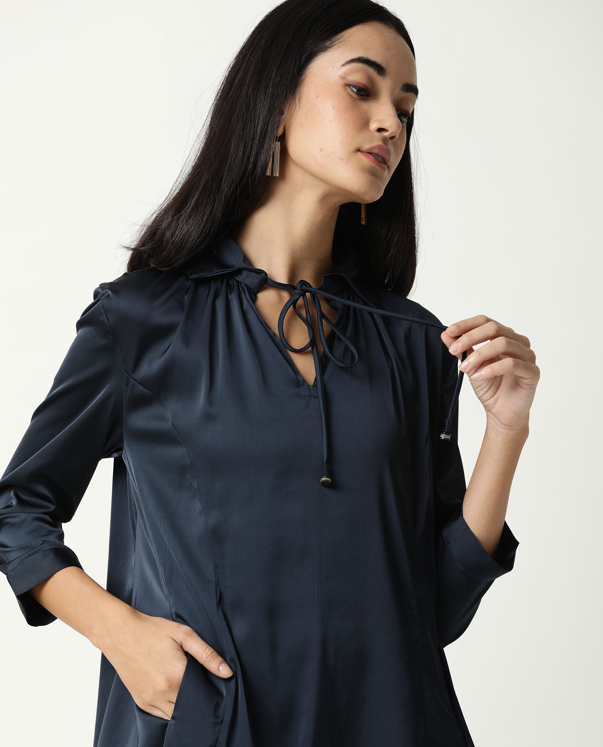 Rareism Womens Drella Navy Dress Modal Lycra Fabric Regular Fit Half Sleeve Lapel Neck