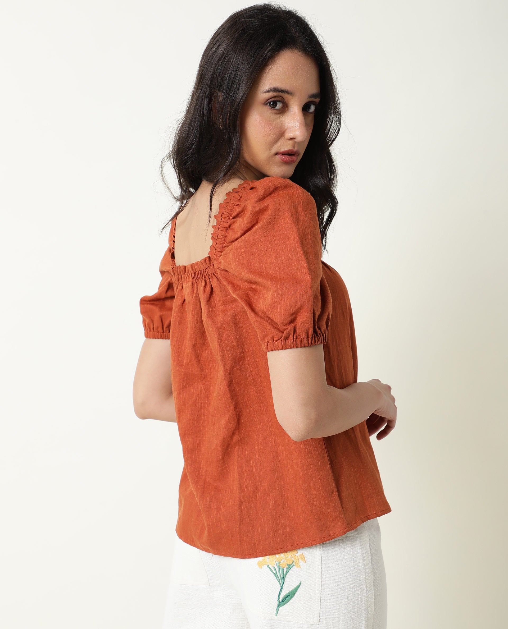 Rareism Womens Gamora Rust Top Cotton Linen Fabric Loose Fit Puff Sleeves Square Neck