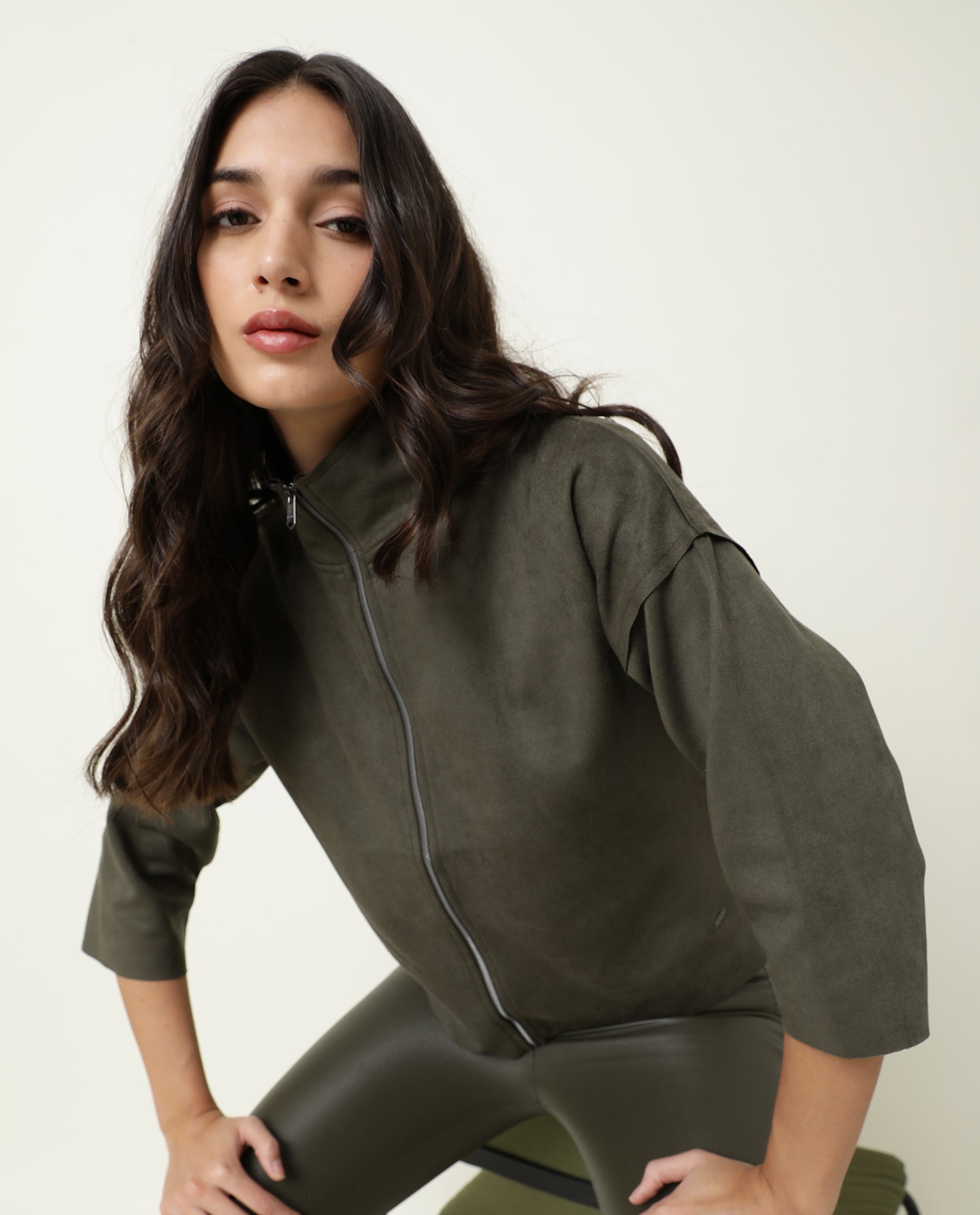 Rareism Women Vasu Olive Polyester Fabric 3/4Th Sleeves Solid High Neck Jacket