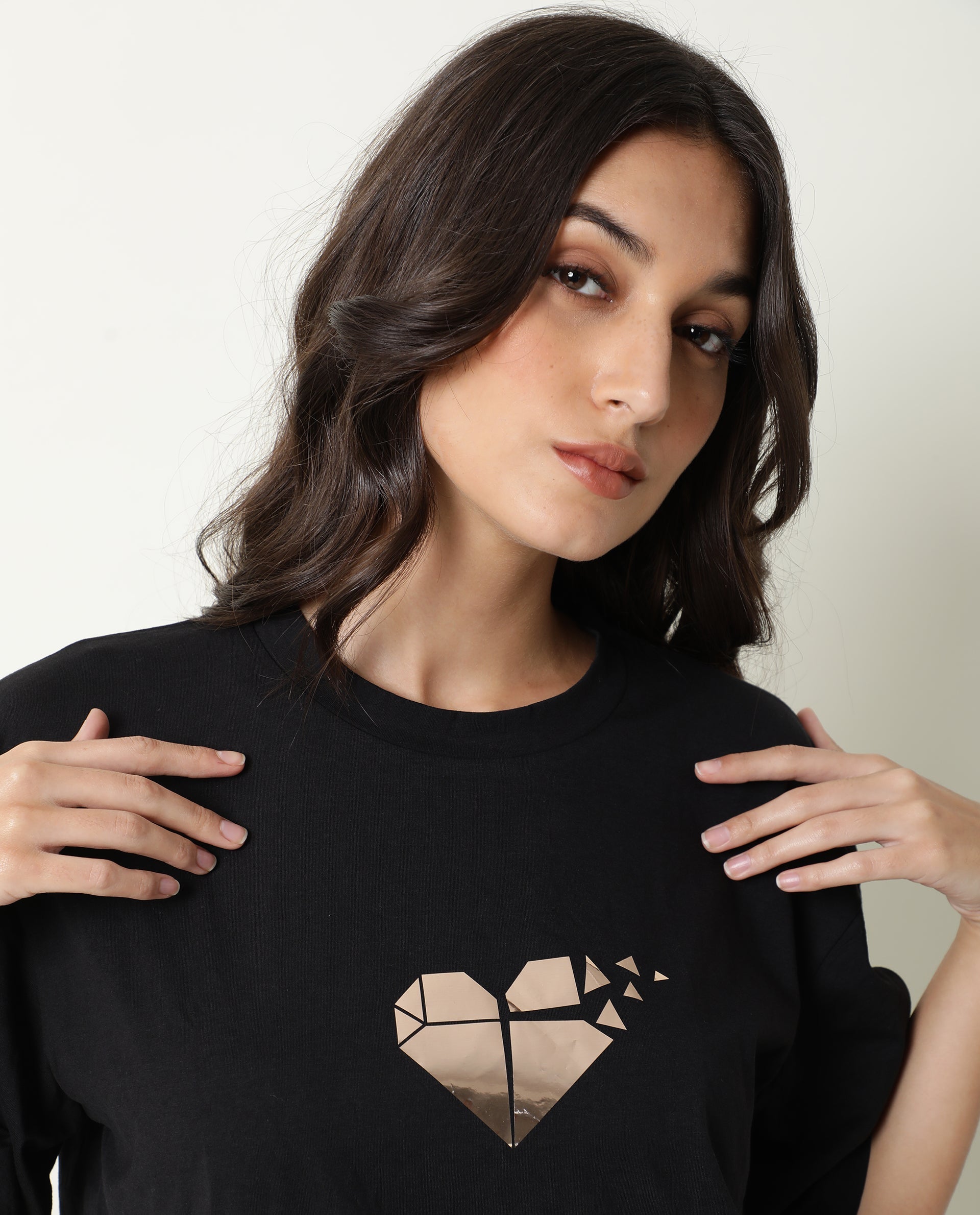 Rareism Womens Nat Black T-Shirt Cotton Fabric Regular Fit Half Sleeve Round Neck