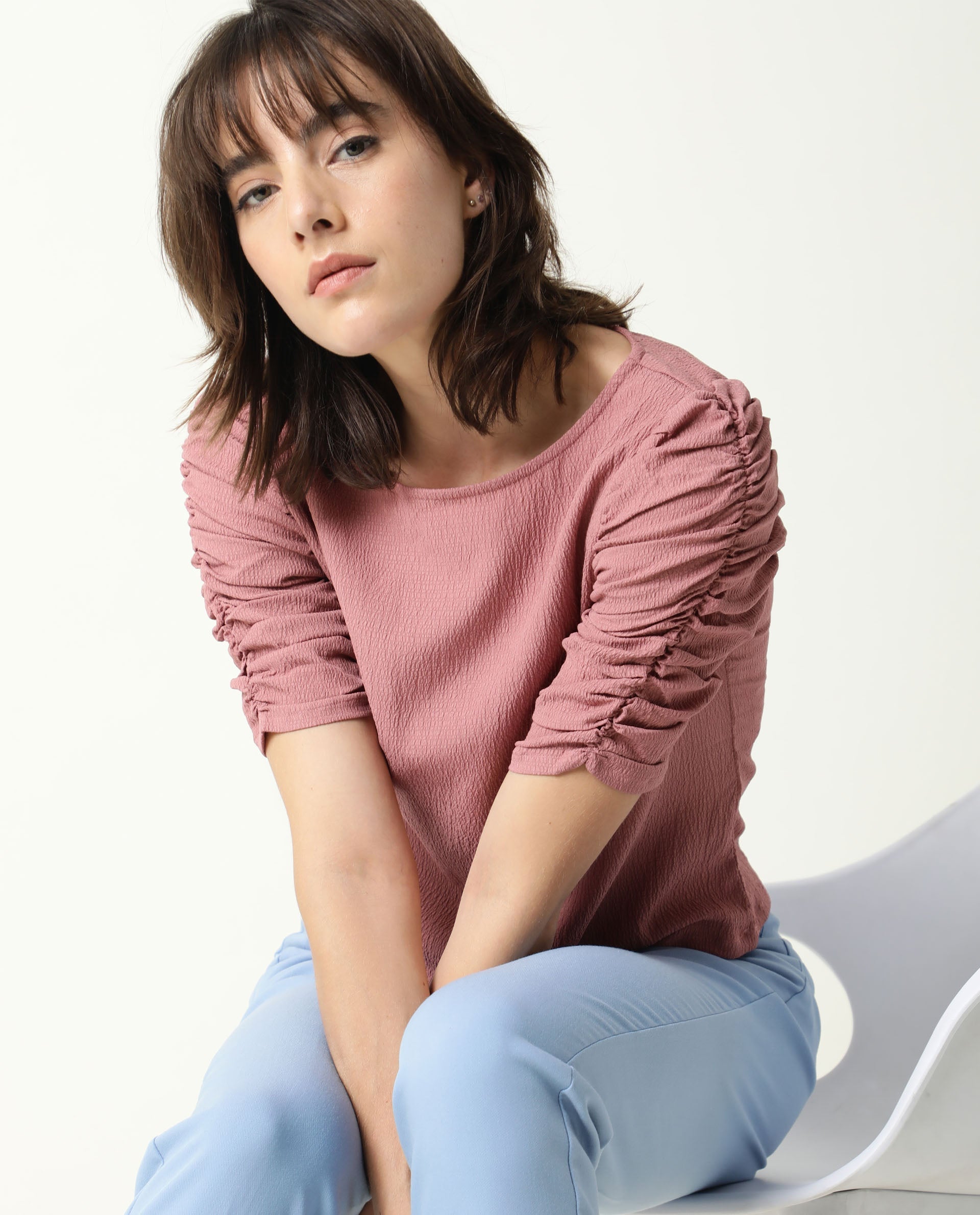 Rareism Women Frozen Brown Cotton Fabric Regular Fit Boat Neck Half Sleeves Solid Top