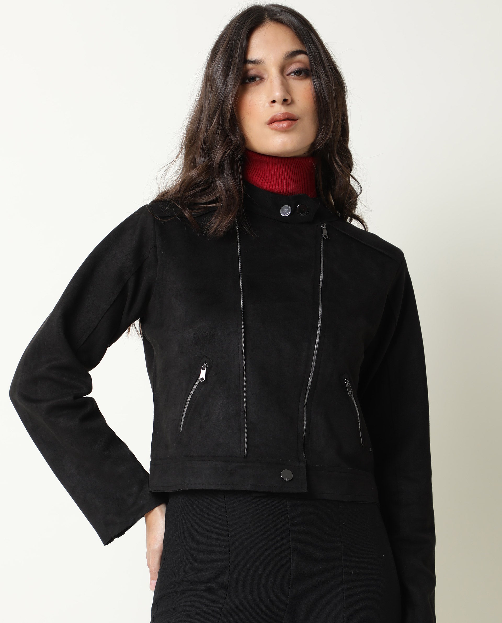 Rareism Women Everlee Black Polyester Fabric Full Sleeves Solid Mandarin Collar Jacket