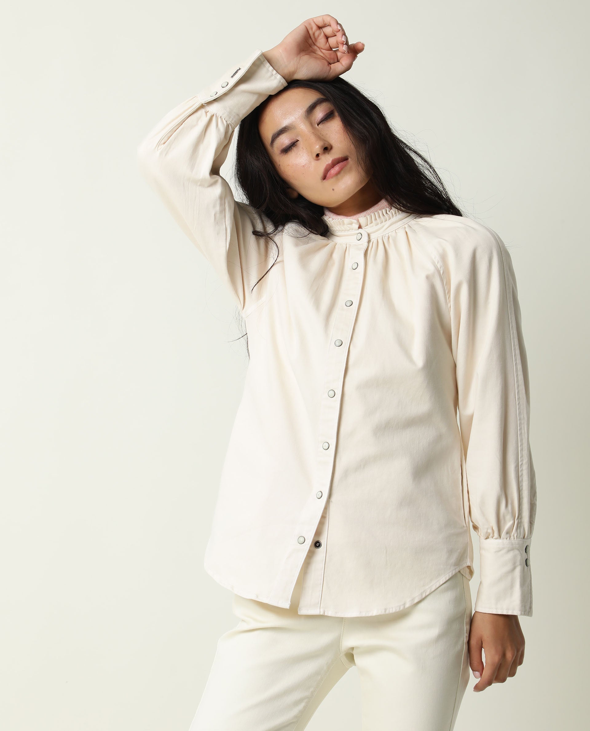 Rareism Women Bellona Off White Cotton Fabric Full Sleeves Solid Ruffled Neck Jacket