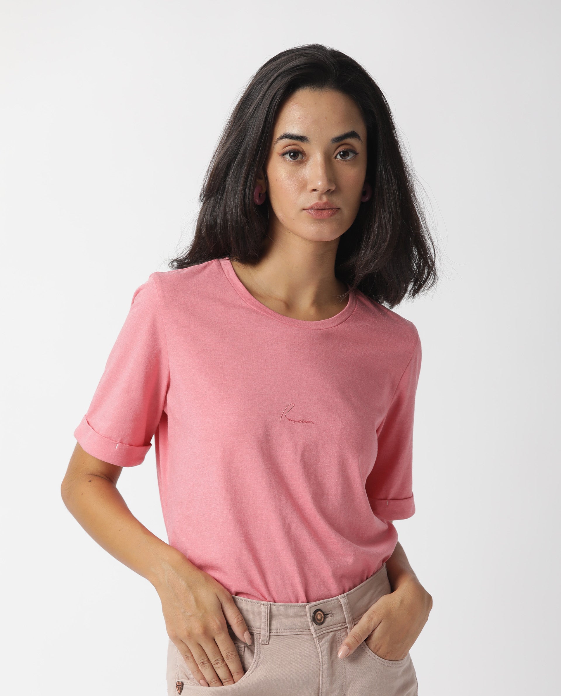 Rareism Women Nova Tee 2 Pink Cotton Fabric Regular Fit Half Sleeves Solid Round Neck T-Shirt