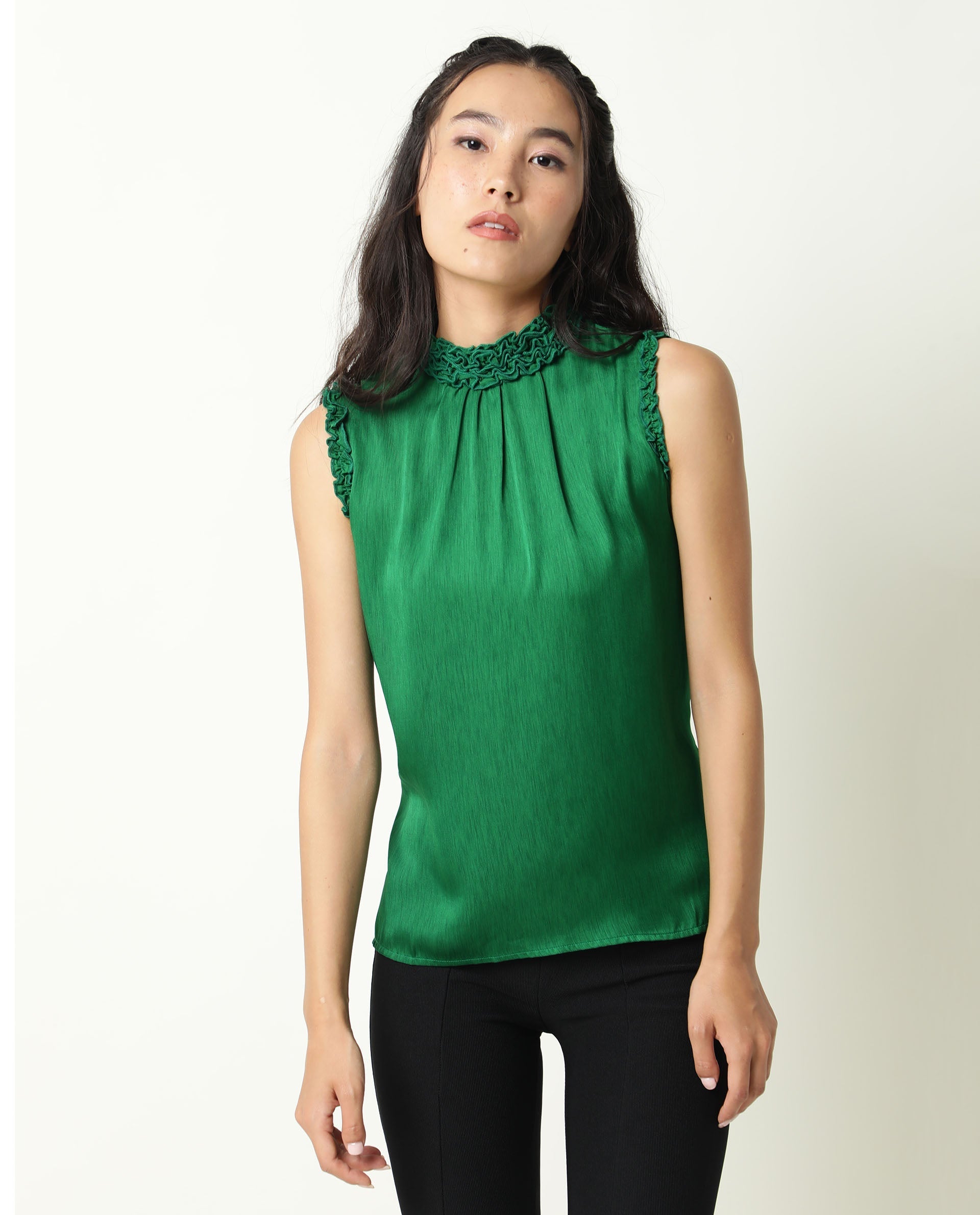 Rareism Womens Baileys Green Top Polyester Fabric  Sleeveless Ruffled Neck