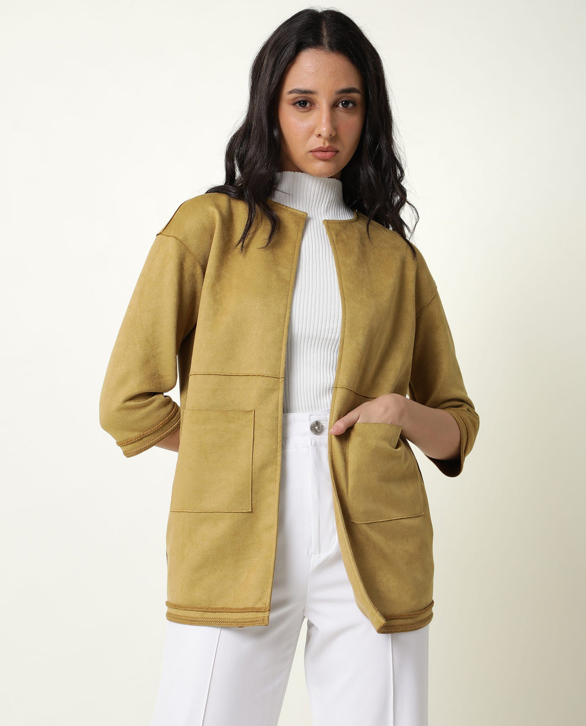 Rareism Women Square Dark Yellow Polyester Fabric 3/4Th Sleeves Solid Boat Neck Jacket