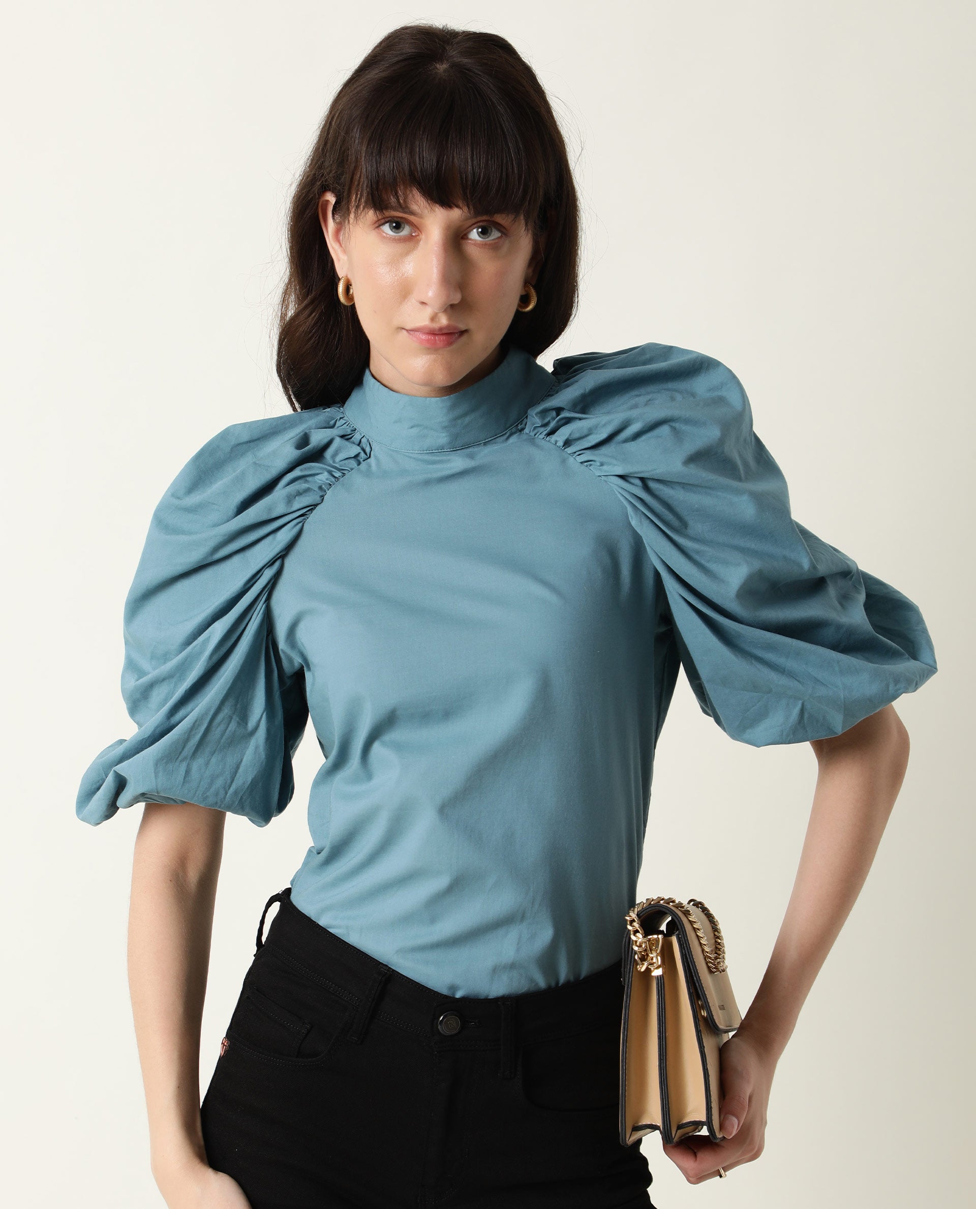 Rareism Womens Bobby Blue Top Cotton Fabric Half Sleeve High Neck