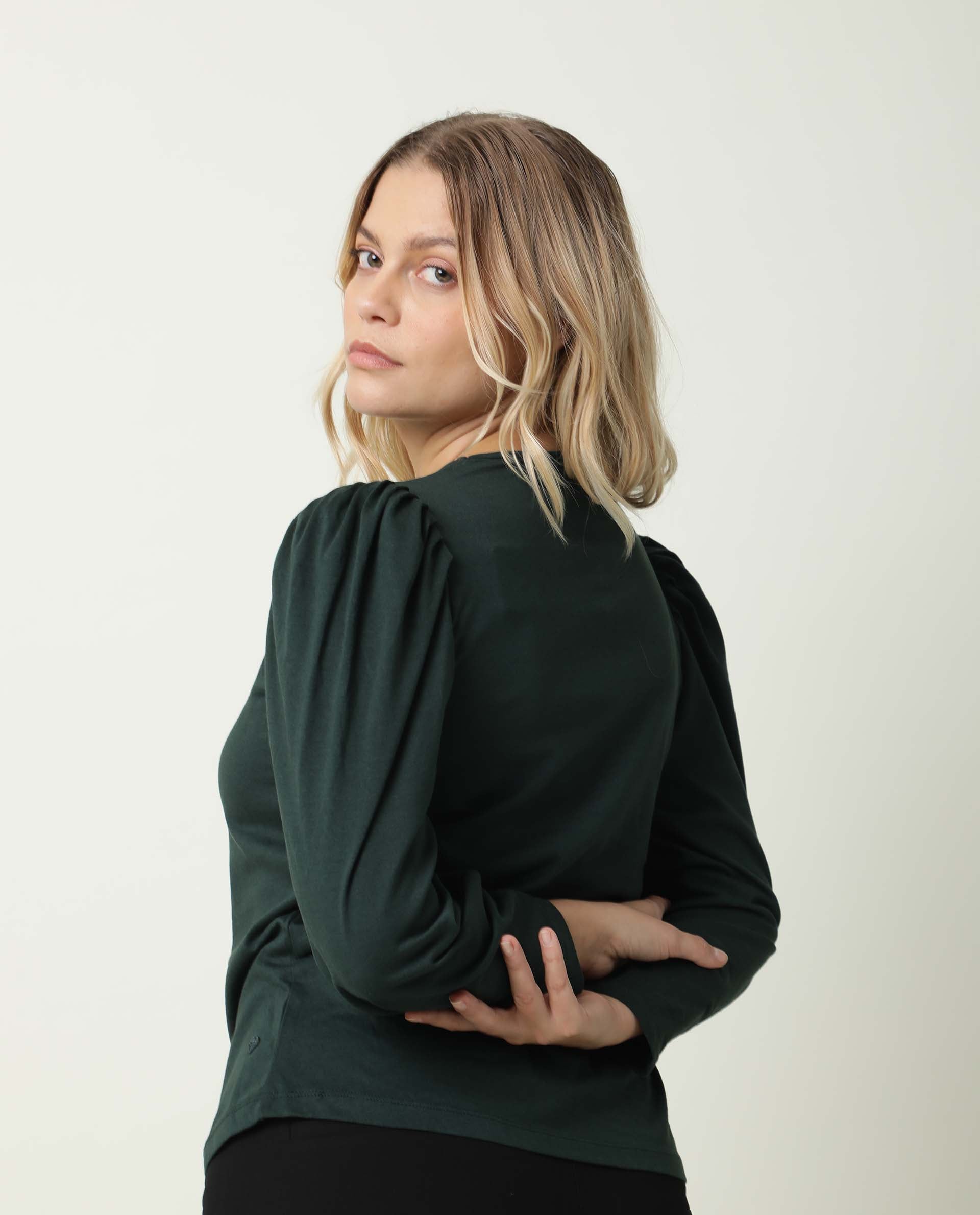 Rareism Women Ballerina Dark Green Cotton Fabric Regular Fit Knee Length Boat Neck 3/4Th Sleeves Solid Top