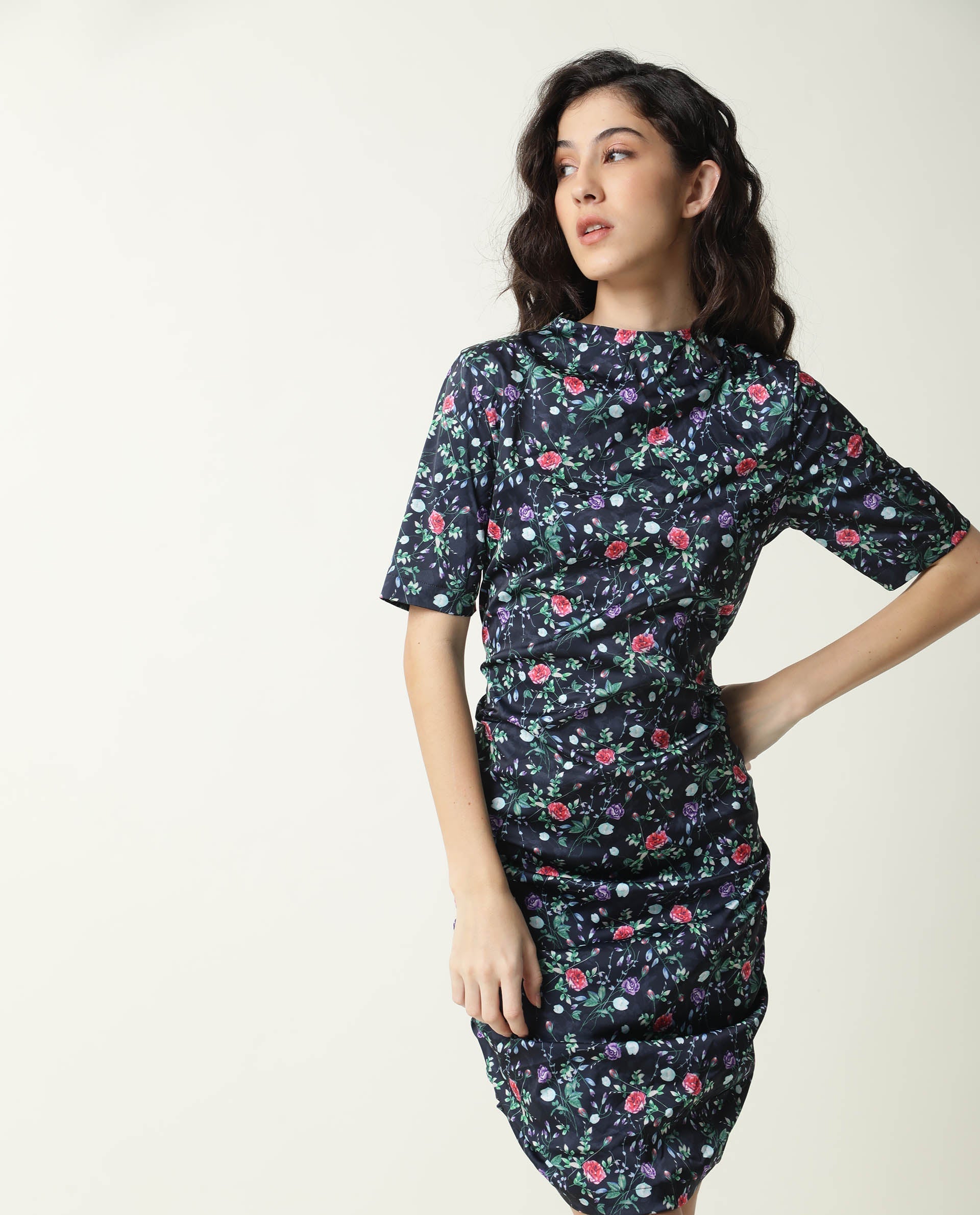Rareism Women's John Navy Modal High Neck Floral Print Knee Length Regular Fit Dress