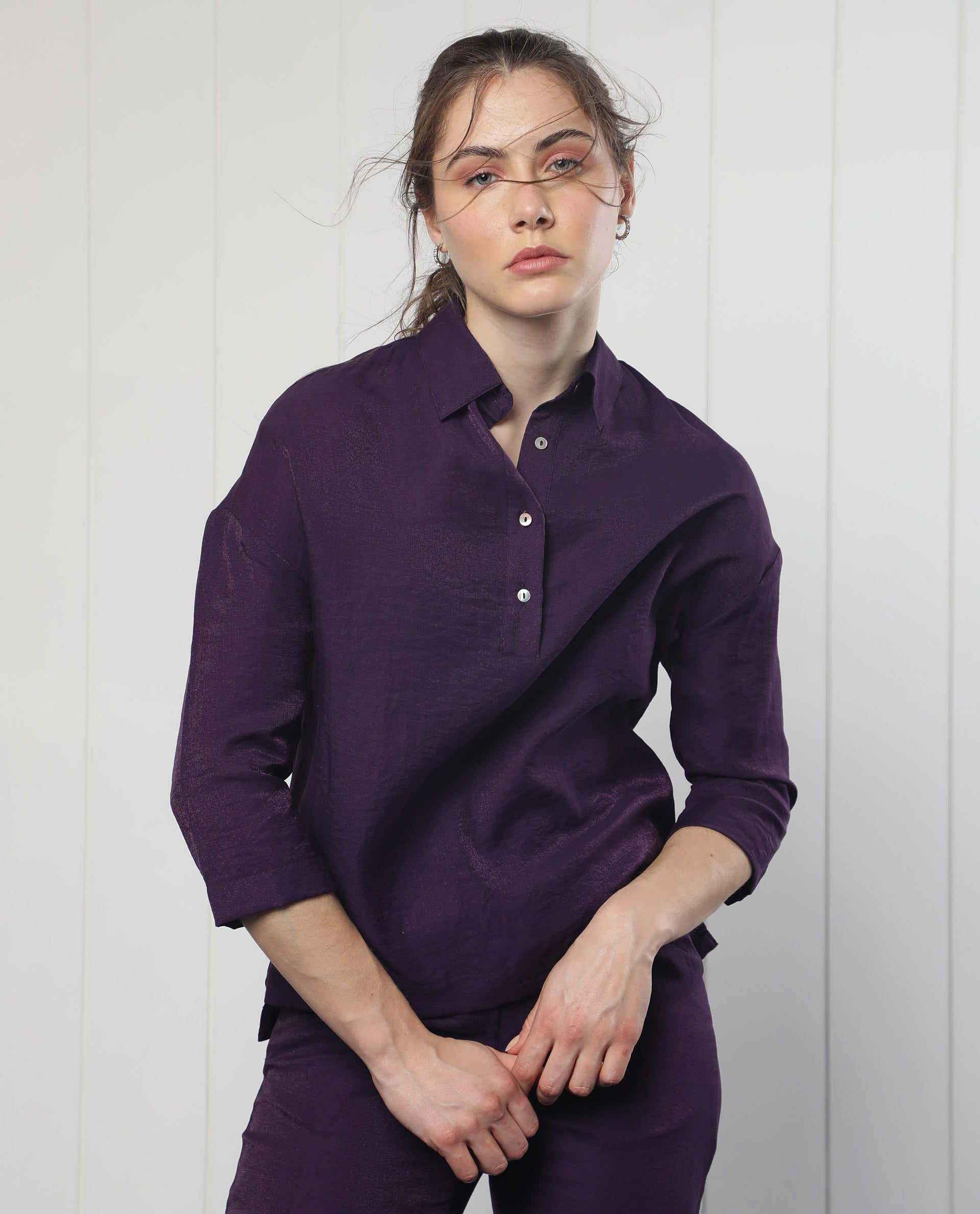 Rareism Women Velynn Dark Purple Polyester Fabric Regular Fit Shirt Collar 3/4Th Sleeves Solid Top