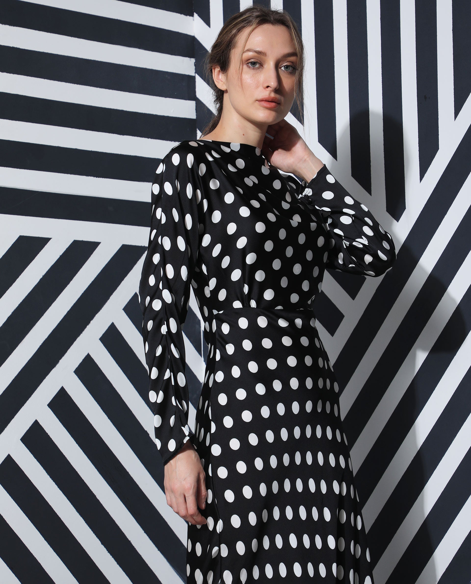 Rareism Women Alsus Black Polka Print Boat Neck Full Sleeves Maxi Dress