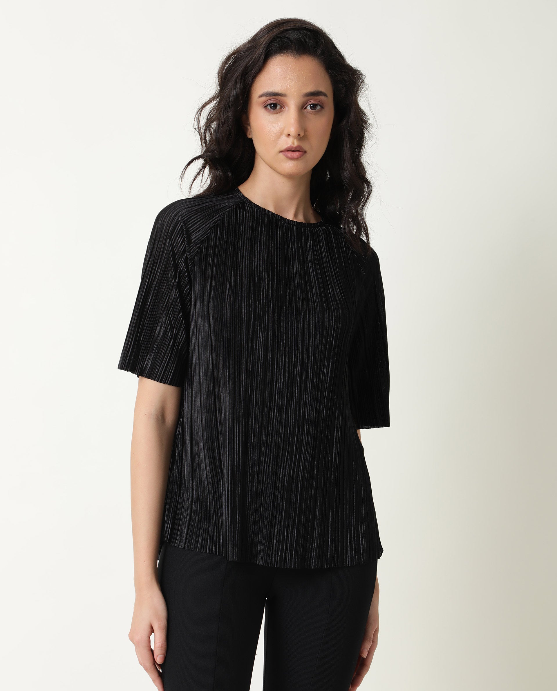 Rareism Women Shory Black Top Polyester Fabric Full Sleeves Solid