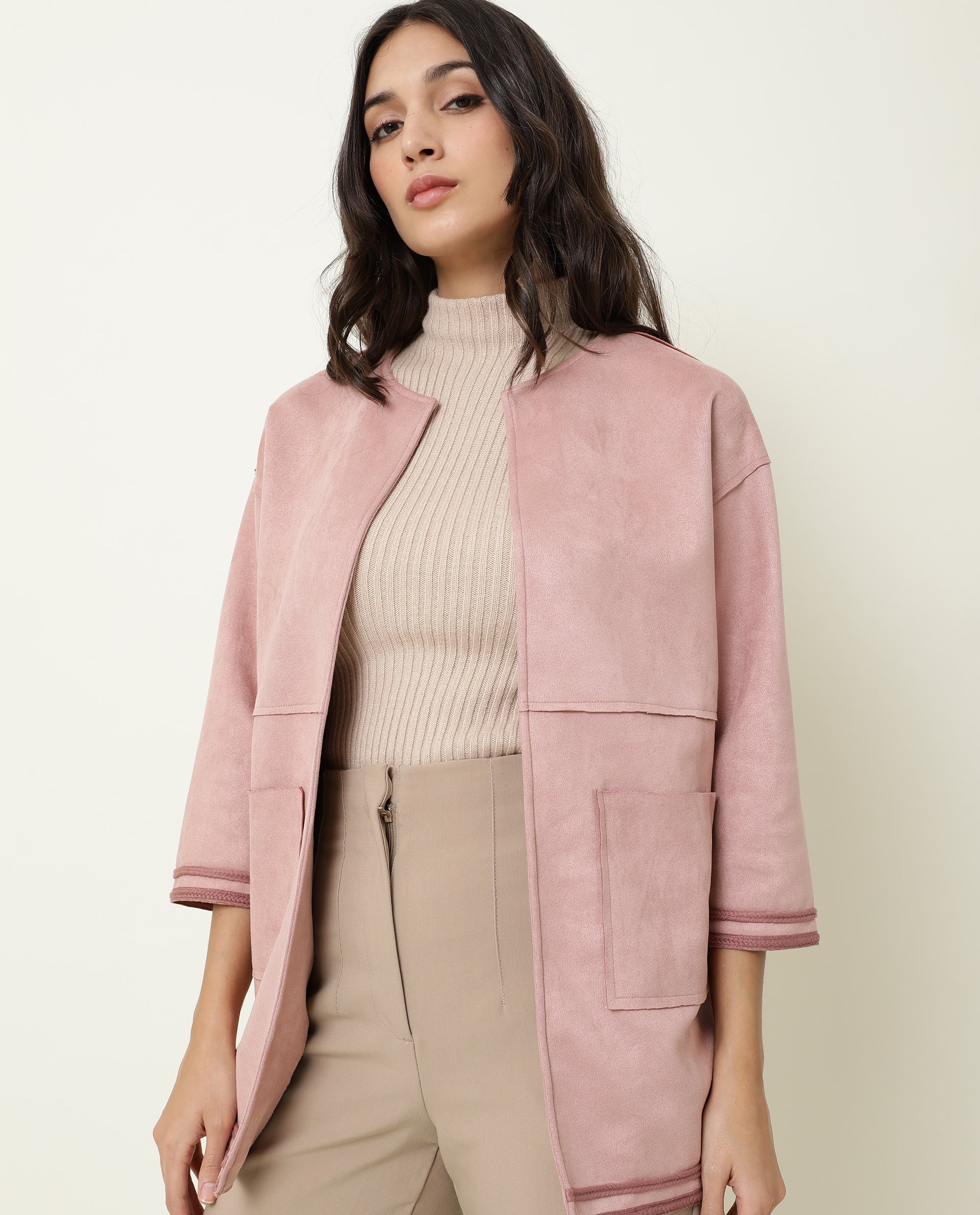 Rareism Women's Square Pink Polyester Boat Neck Plain Regular Fit Jacket