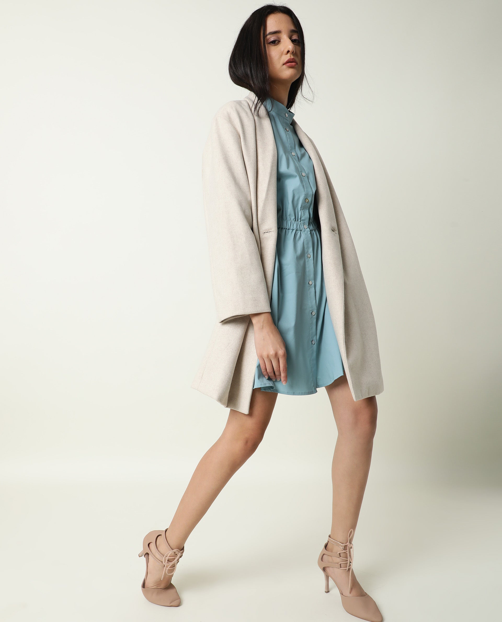 Rareism Women Darla Blue Mandarin Collar Full Front Button Closure Placket With Full Sleeves And Pocket Mini Dress