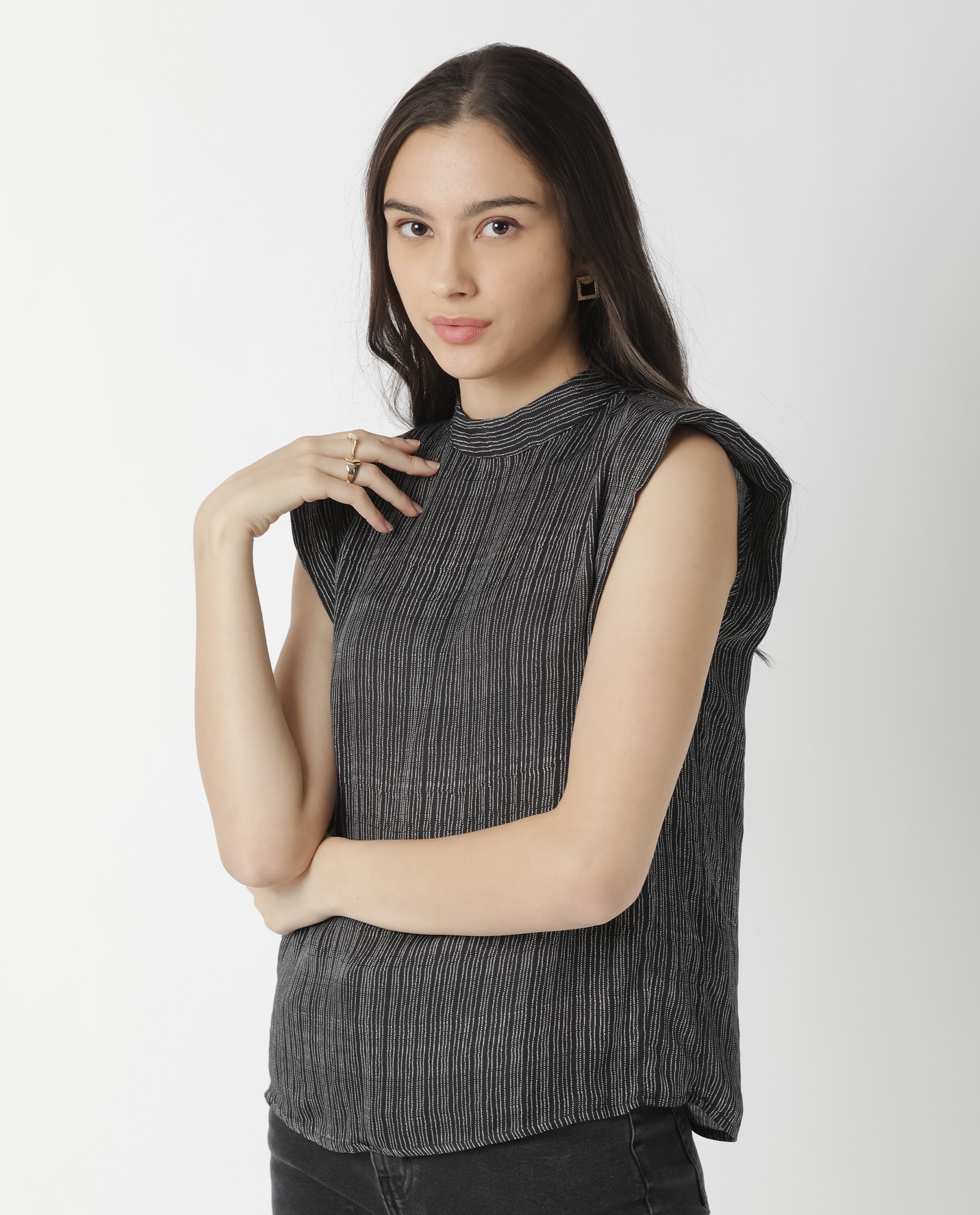 Rareism Women Yella Black Top Sleeveless Printed