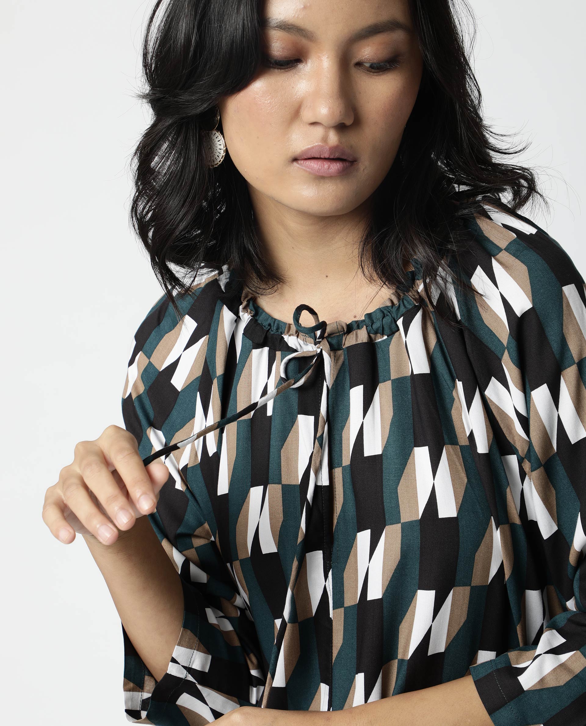 Rareism Womens Matan Green Dress Knee Length Boxy Fit Collar Neck Cotton Silk Fabric