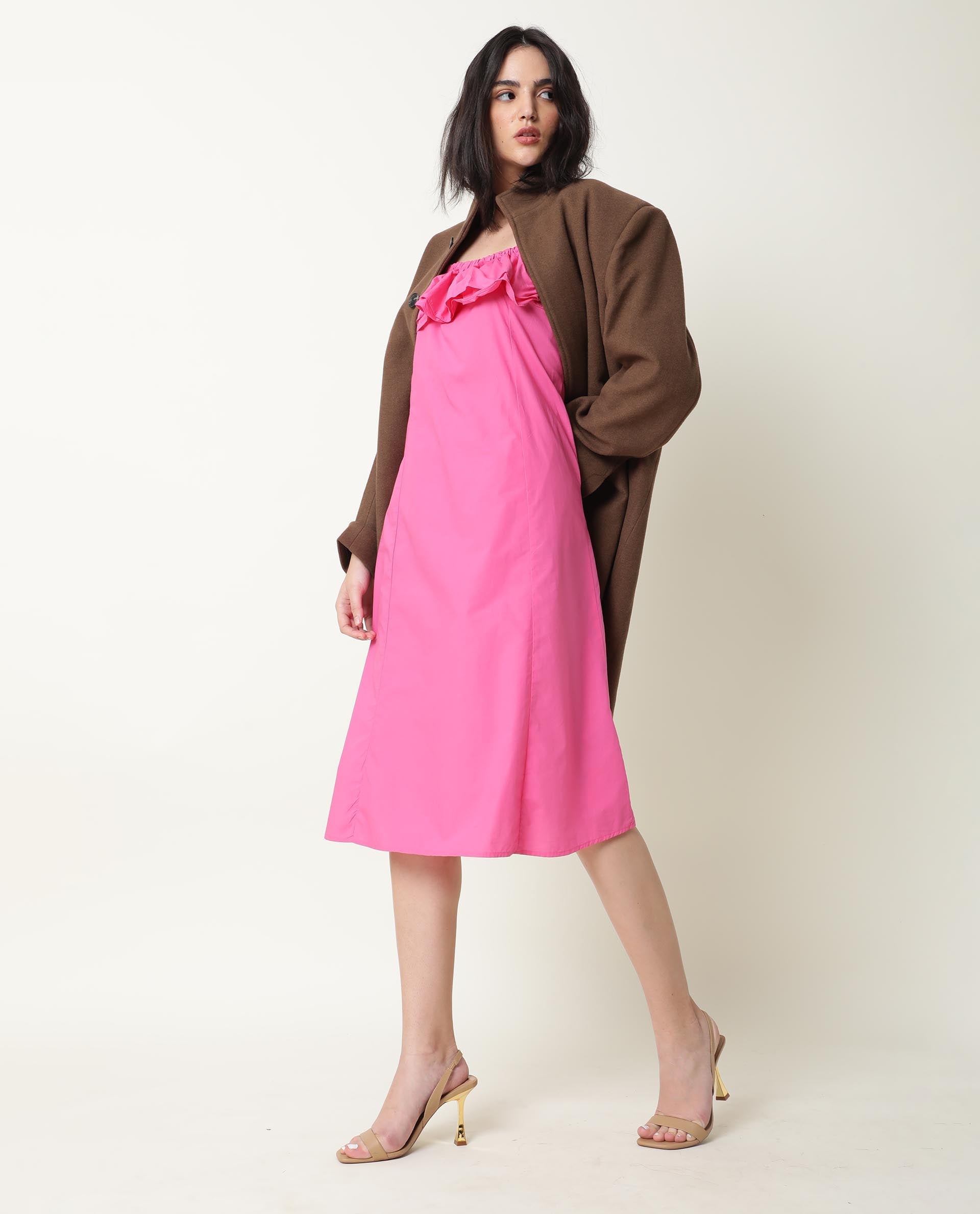 Rareism Women Varsi Pink Square Neck Puff Sleeves Ruffle At The Neck With Pockets Midi Dress